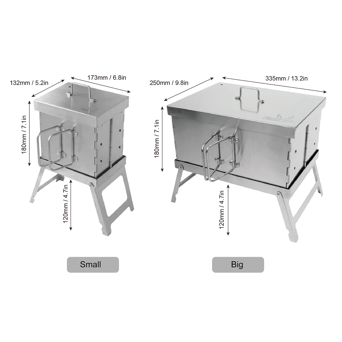 Winnerwell® Flat Smoker in two sizes (Small and Big) with detailed dimensions. The Small one measures 132mm×173mm×(180mm + 120mm), and the Big one is 250mm×335mm×(180mm + 120mm). Both are made of stainless steel, foldable and portable, suitable for different outdoor cooking and smoking needs during camping or hiking.