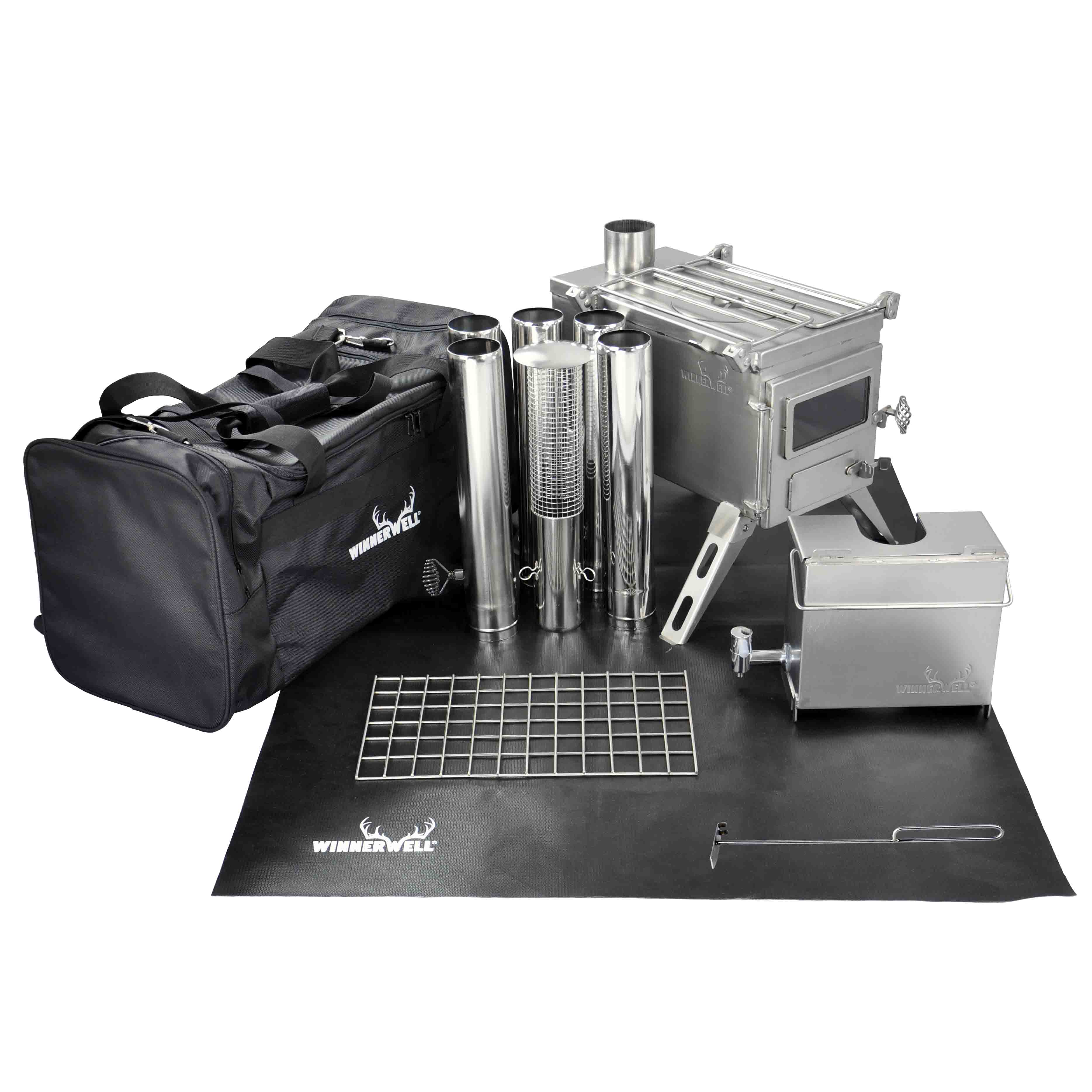 Winnerwell® Nomad 1G M - sized Cooktop Package accessories—close - up of stainless steel water tank, fireproof mat and durable carrying bag. All parts are designed to fold and fit together, ensuring no loose components for hassle - free outdoor cooking.