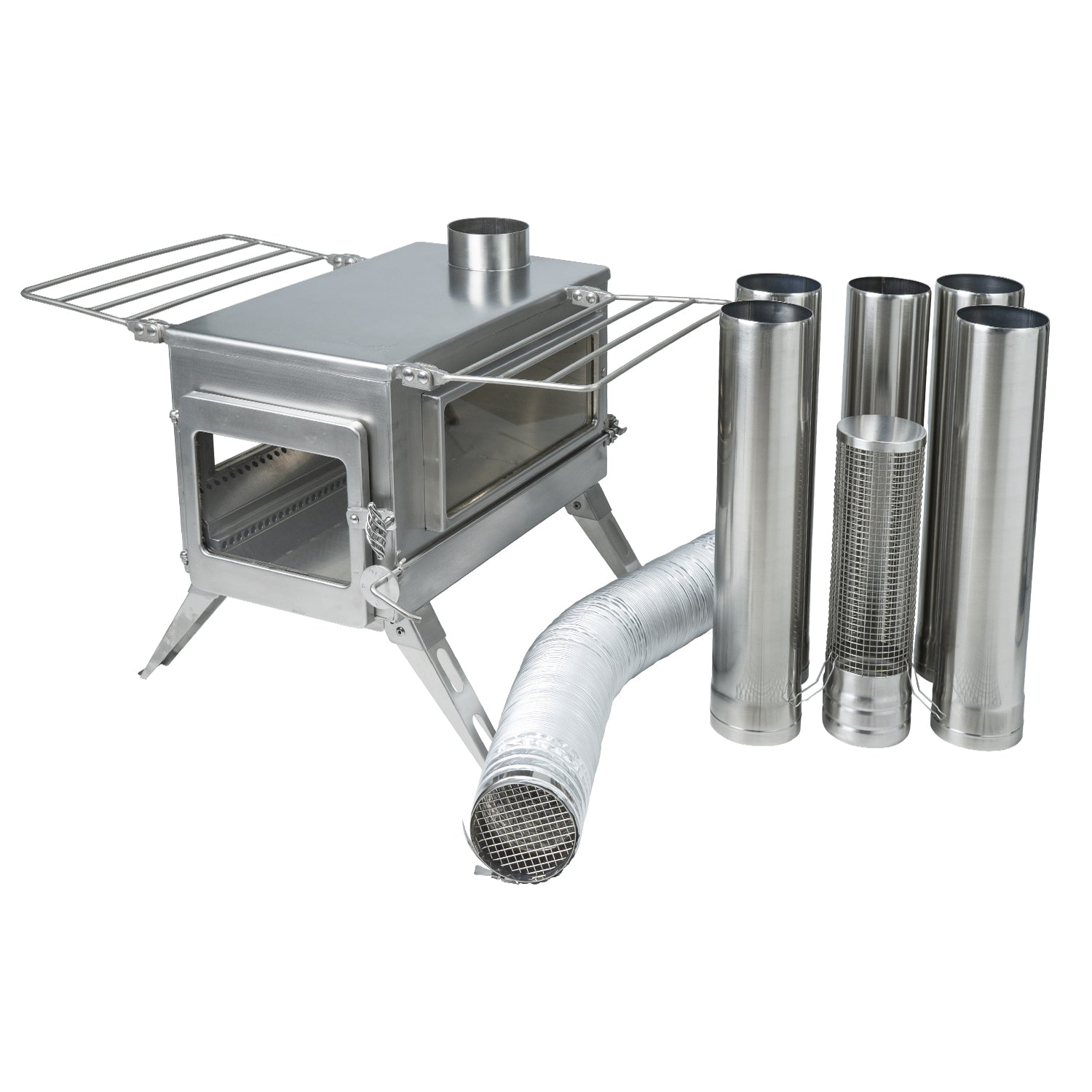 The Winnerwell® Nomad PLUS stove shown with its accompanying accessories, including the spark arrestor , the ash scraper, and the grate. These accessories, all made with high - quality materials, are essential for the proper and safe operation of the stove, and the image shows how they work in harmony with the main stove unit.