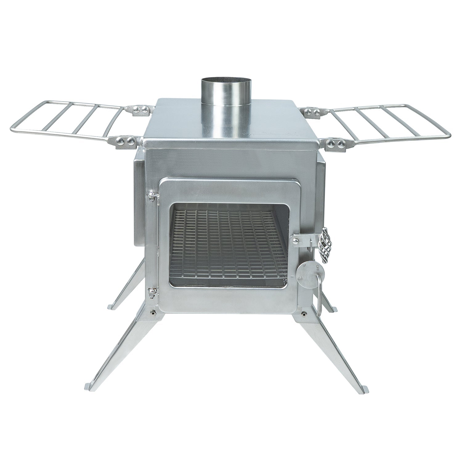 304 stainless steel plate of the Winnerwell Woodlander Plus External Air stove, highlighting the durable and high-quality material used in its construction.