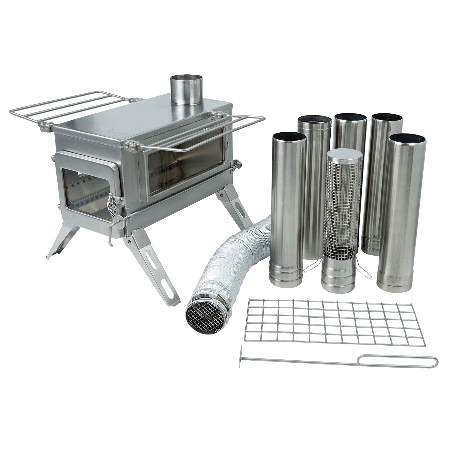 The Winnerwell® Nomad PLUS Double View External Air Wood Burning Tent Stove, fully assembled inside a spacious 4 - person tent. Its AISI 304 stainless - steel body glistens, with the dual heat - resistant glass windows on the front and side, allowing a clear view of the burning fire within. The external air intake pipe is neatly connected and extends outside the tent, ready to supply fresh combustion air.