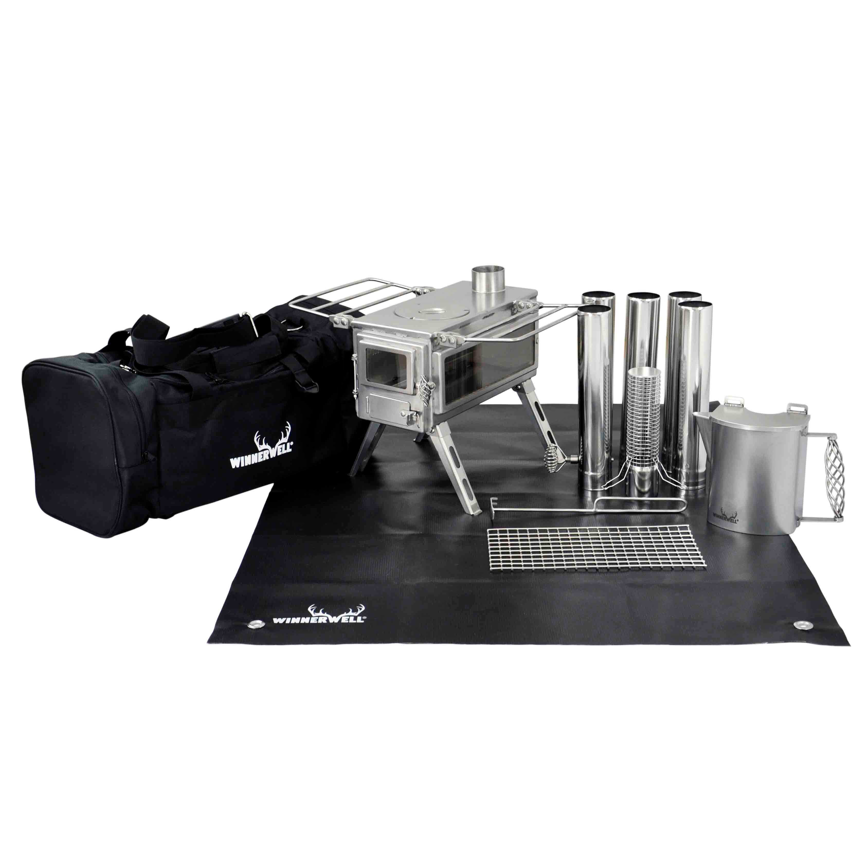 Winnerwell® Nomad View 1G Cook Camping Stove Package full kit, including stove, water tank,fireproof mat and carrying bag. Ideal for portable outdoor cooking, featuring a compact, foldable design made of durable stainless steel. Perfect for camping, backpacking, and off - grid adventures, providing a complete cooking solution.