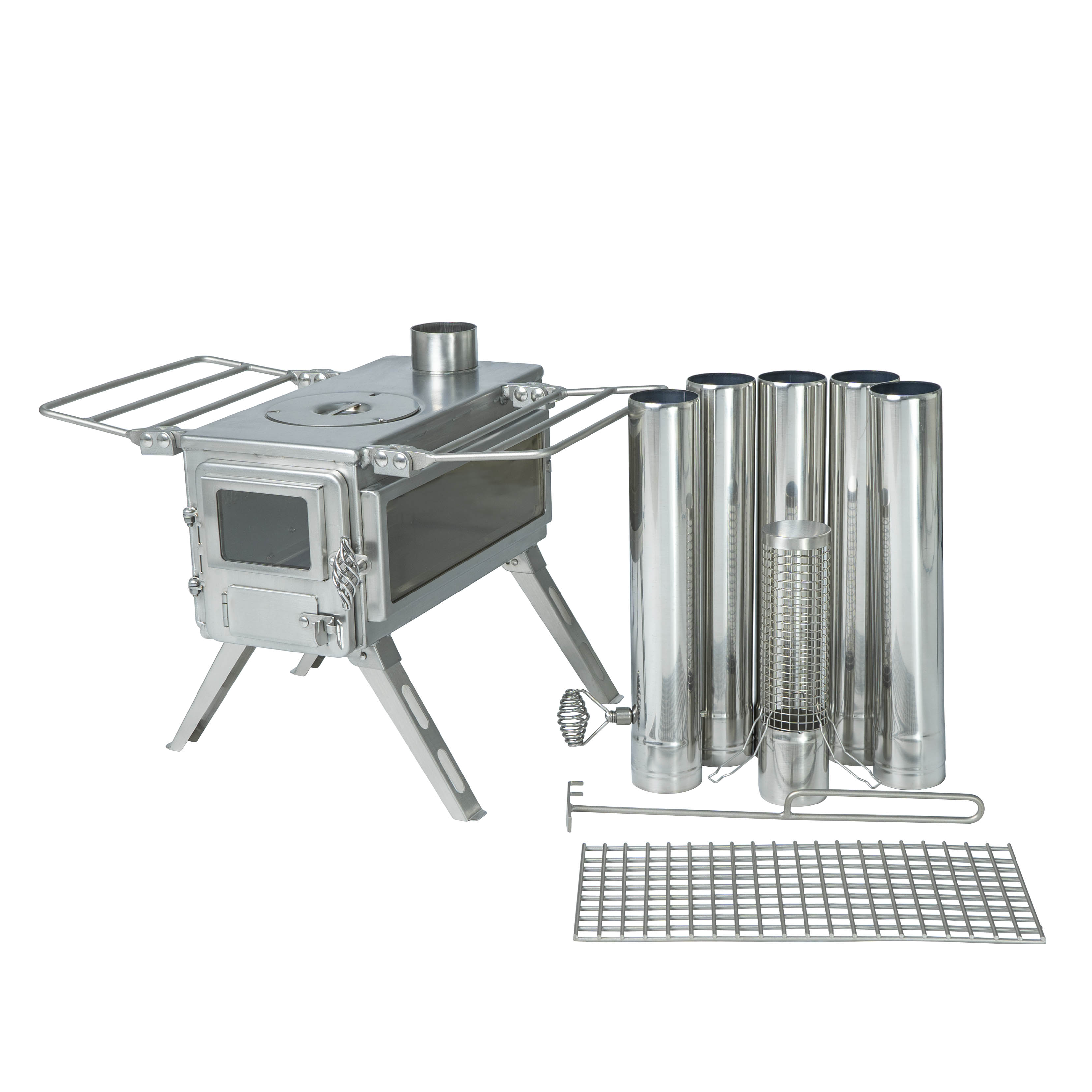 The Winnerwell® Nomad View 1G Cook Camping Stove in full stainless - steel assembly, showcasing its robust build. Ideal for outdoor enthusiasts, this multi - functional wood - burning stove is a must - have for camping, with stainless steel ensuring long - lasting performance for picnics and adventures.