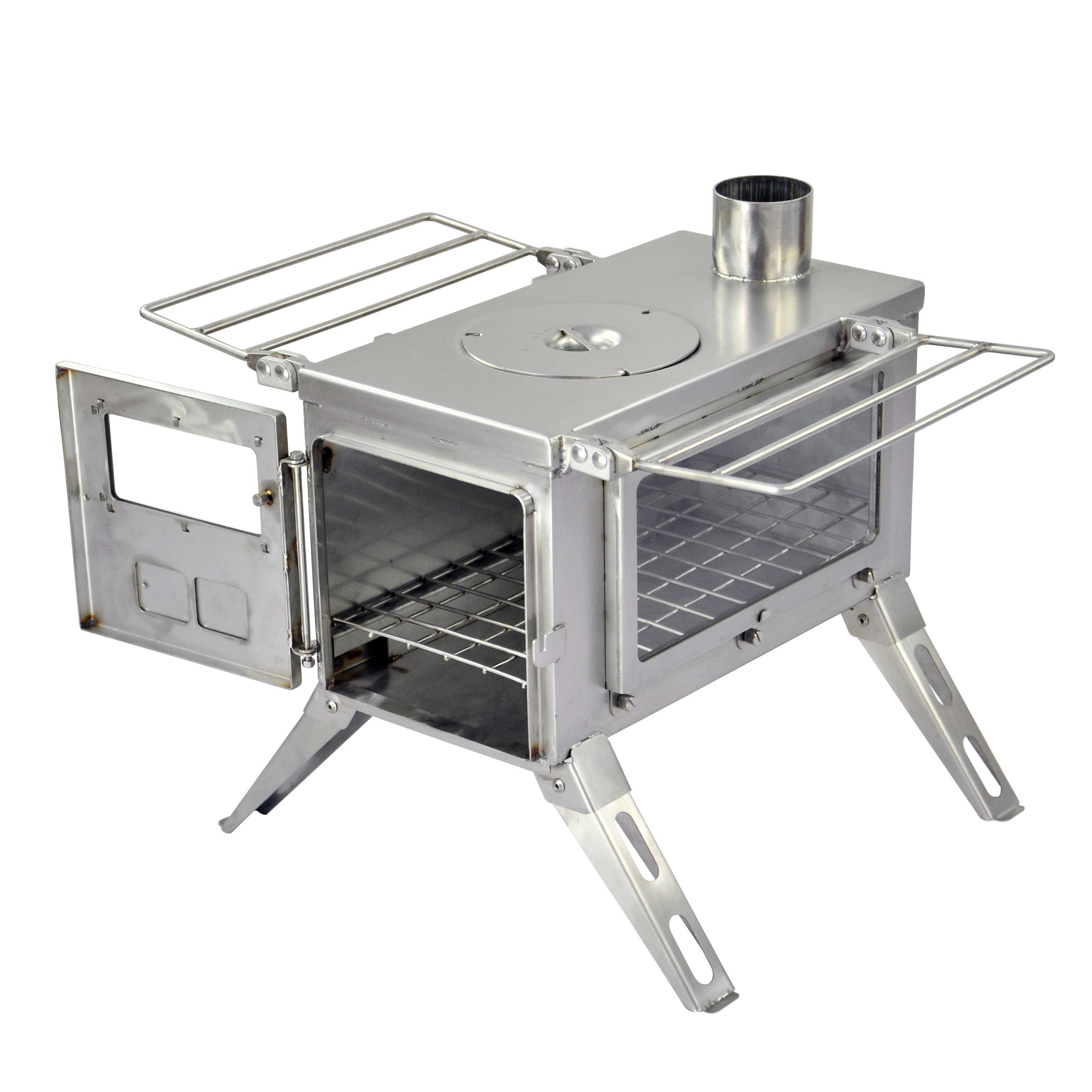 Winnerwell® Nomad View 1G Stove’s stainless steel chimney and body detail—thick-gauge 304 stainless steel resists warping, rust, and heat damage, proving its rugged build for harsh camping conditions.