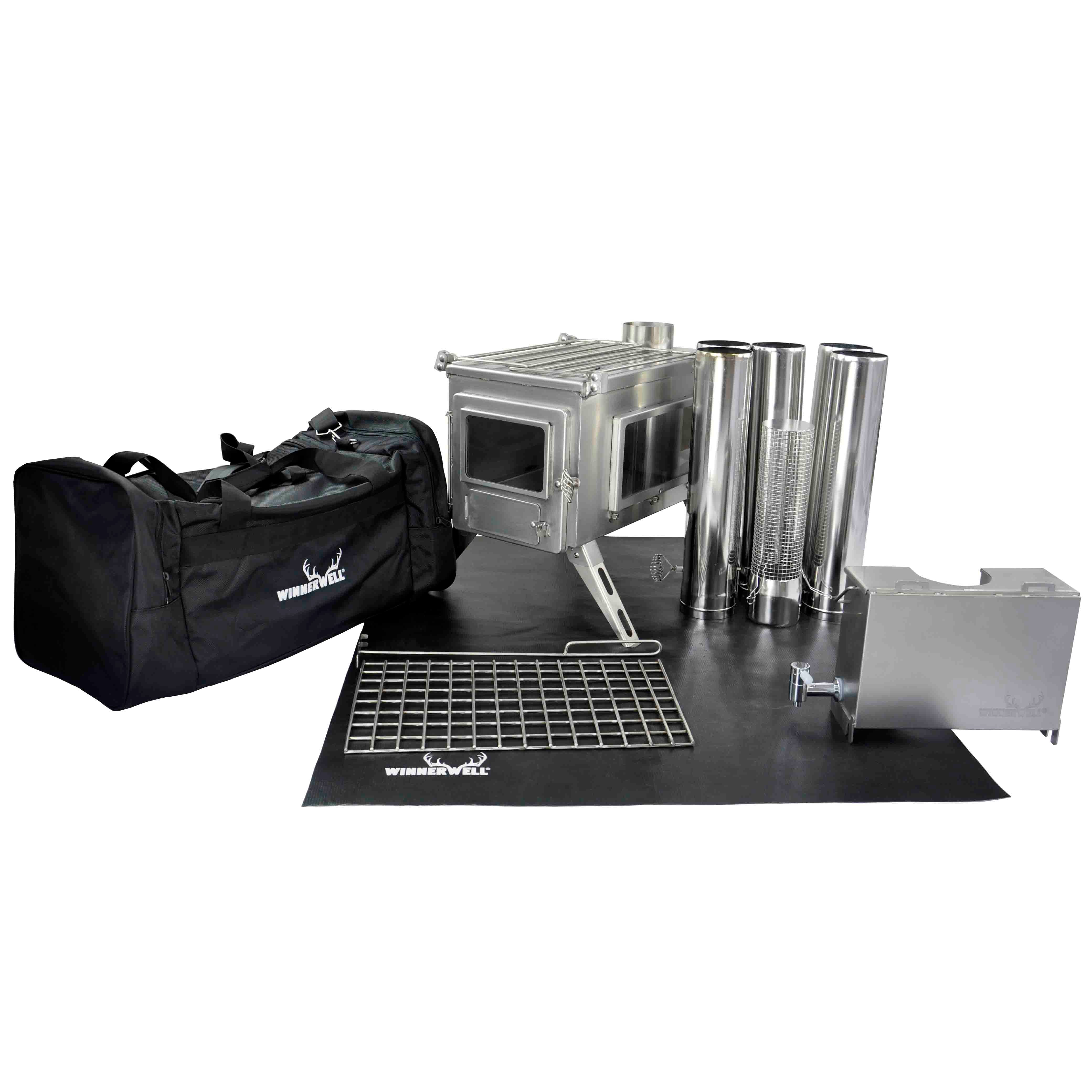 Winnerwell® Nomad View 1G Cook Camping Stove Package full kit, including stove, water tank,fireproof mat and carrying bag. Ideal for portable outdoor cooking, featuring a compact, foldable design made of durable stainless steel. Perfect for camping, backpacking, and off - grid adventures, providing a complete cooking solution.