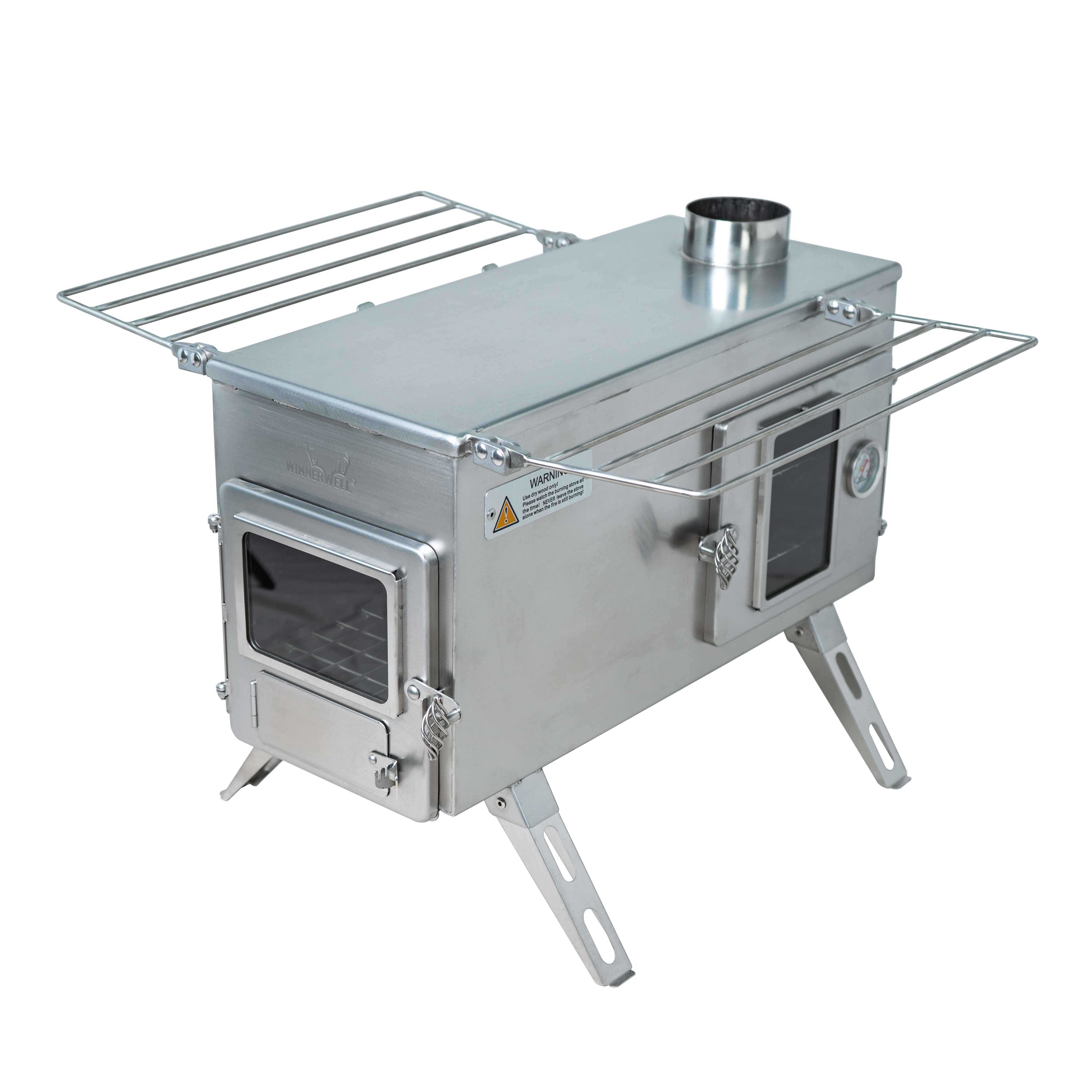 Detail of Winnerwell® Ovenstove Camping Stove’s stainless steel body—304 stainless steel construction ensures durability, rust resistance, and heat tolerance. Built to withstand harsh outdoor conditions, from rain to snow, for years of reliable use.