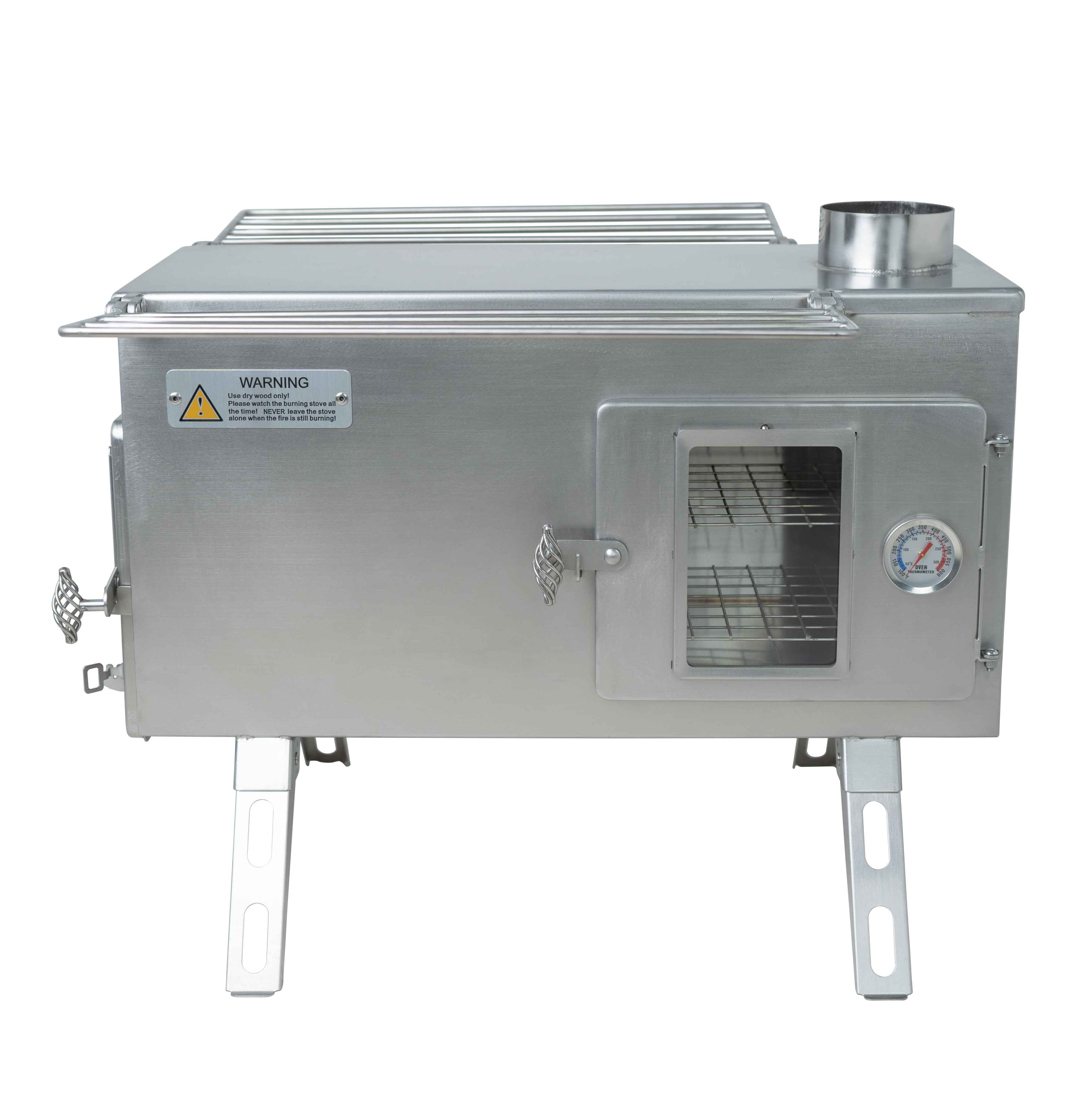 Close-up of Winnerwell® Ovenstove Camping Stove’s multi-cook design—dual compartments allow simultaneous oven baking (e.g., bread, pies) and stove-top cooking (e.g., soups, grilling). Ideal for gourmet camping meals.