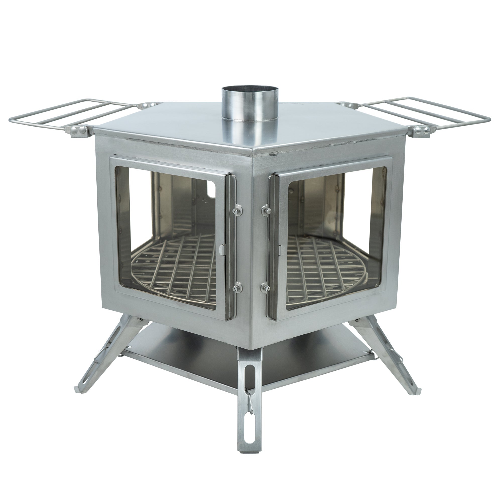 Close - up of Winnerwell® Pentagon Stove with secondary combustion structure—features a pentagon - shaped firebox, foldable legs, and stainless - steel components. Designed for efficient heat distribution and stability during outdoor use, showcasing its smart engineering for camping and off - grid living.