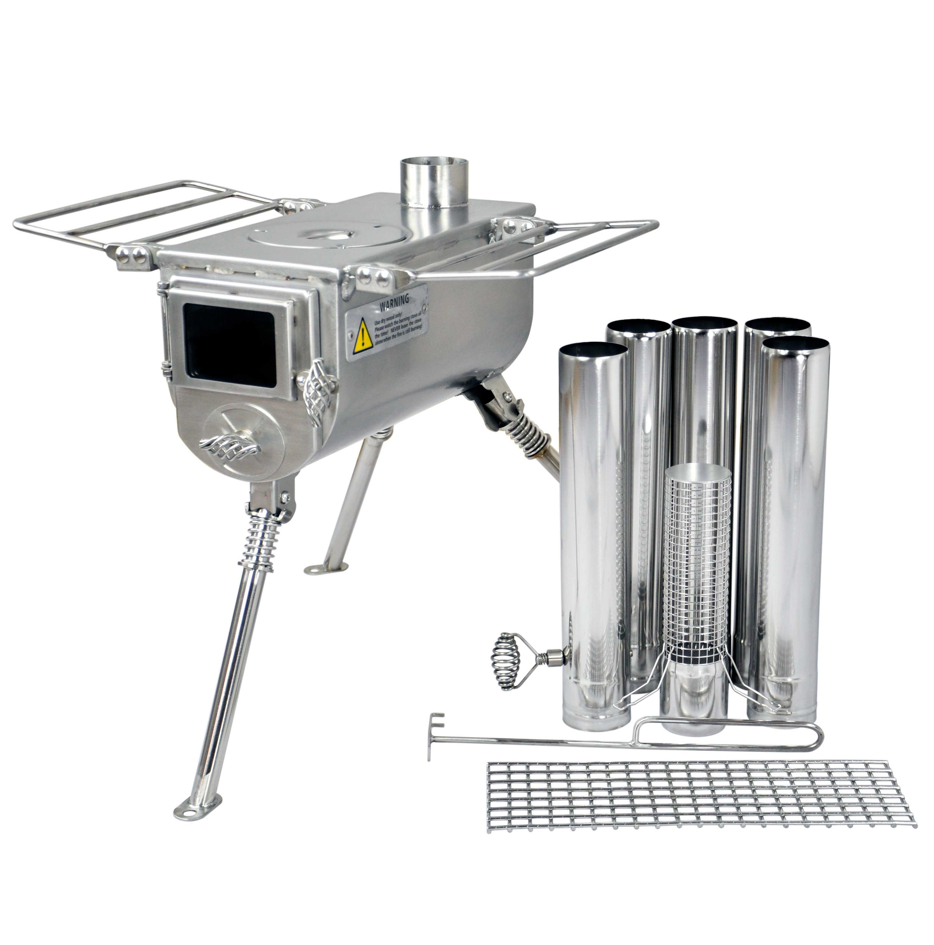 Winnerwell® Woodlander 1G Cook Camping Stove with open door—showcasing the stainless steel firebox interior. Features a rust-resistant, easy-to-clean design, reinforced grates, and optimized airflow channels for efficient wood combustion.