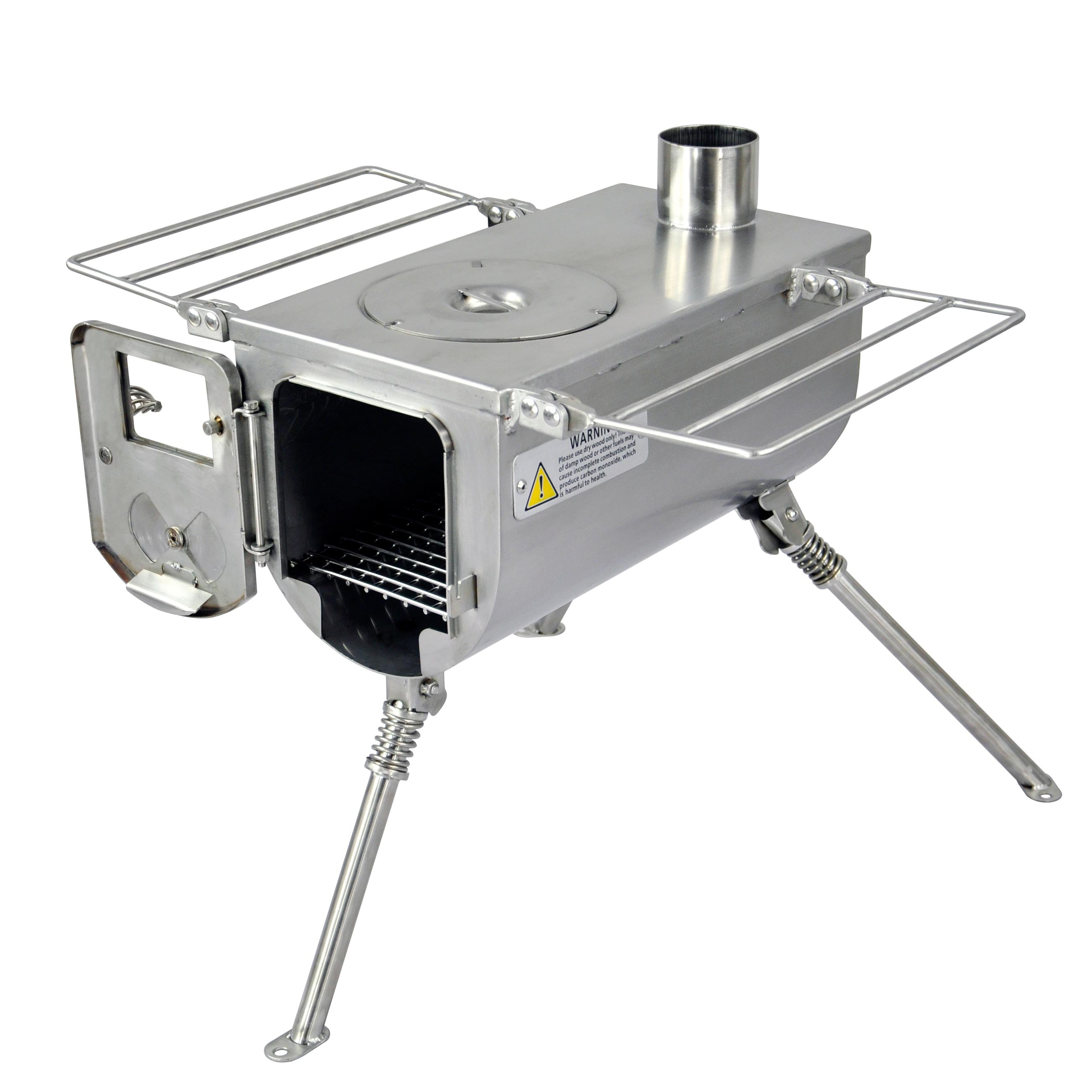 Open door view of Winnerwell® Woodlander 1G Stove’s firebox—304 stainless steel construction ensures durability, while the spacious interior and precision-engineered vents highlight its design for long-lasting, efficient outdoor cooking.