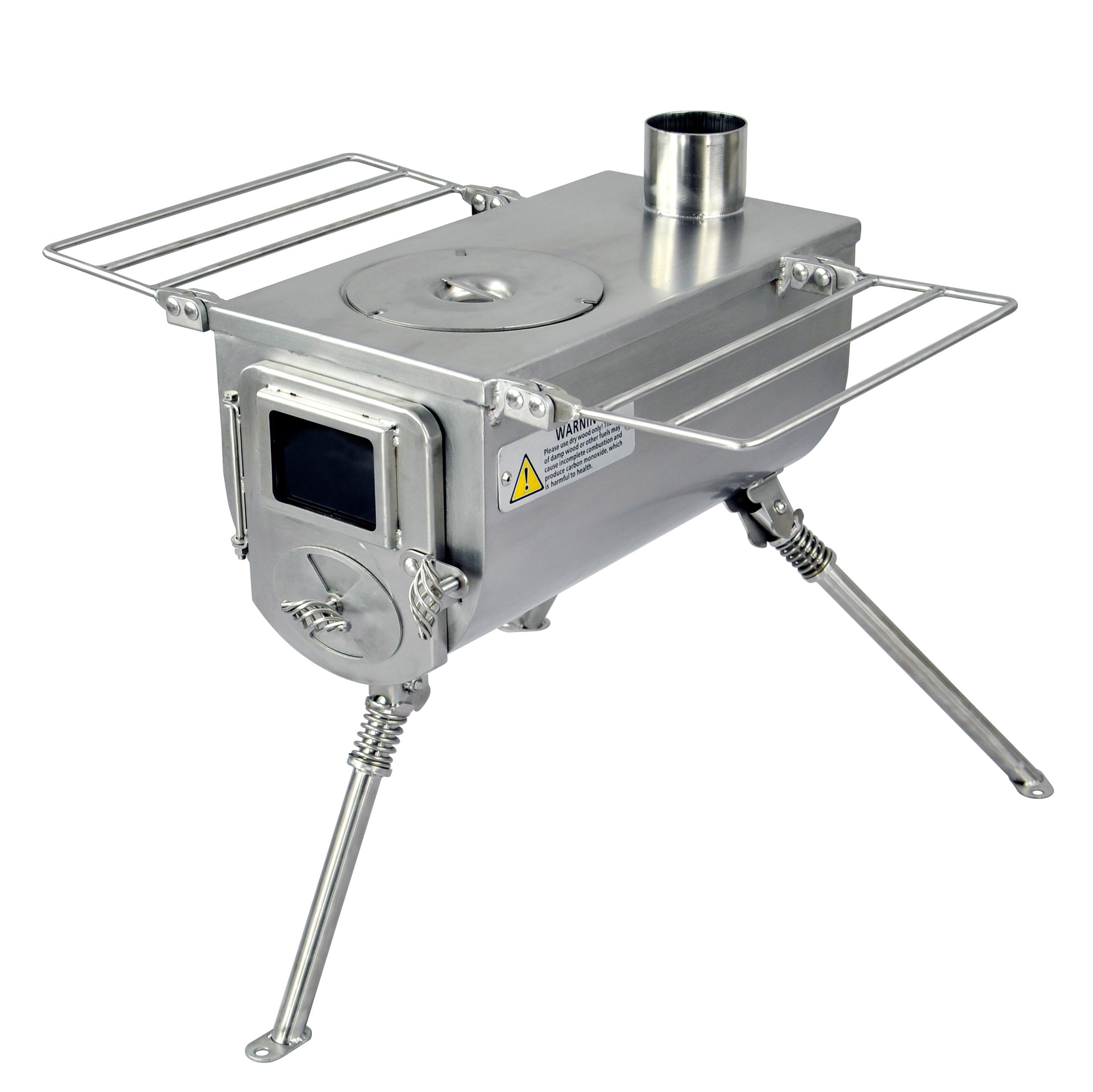 Close-up of Winnerwell® Woodlander 1G Stove’s stainless steel body—high-quality 304 stainless steel resists rust and wear, built to last in harsh outdoor conditions.