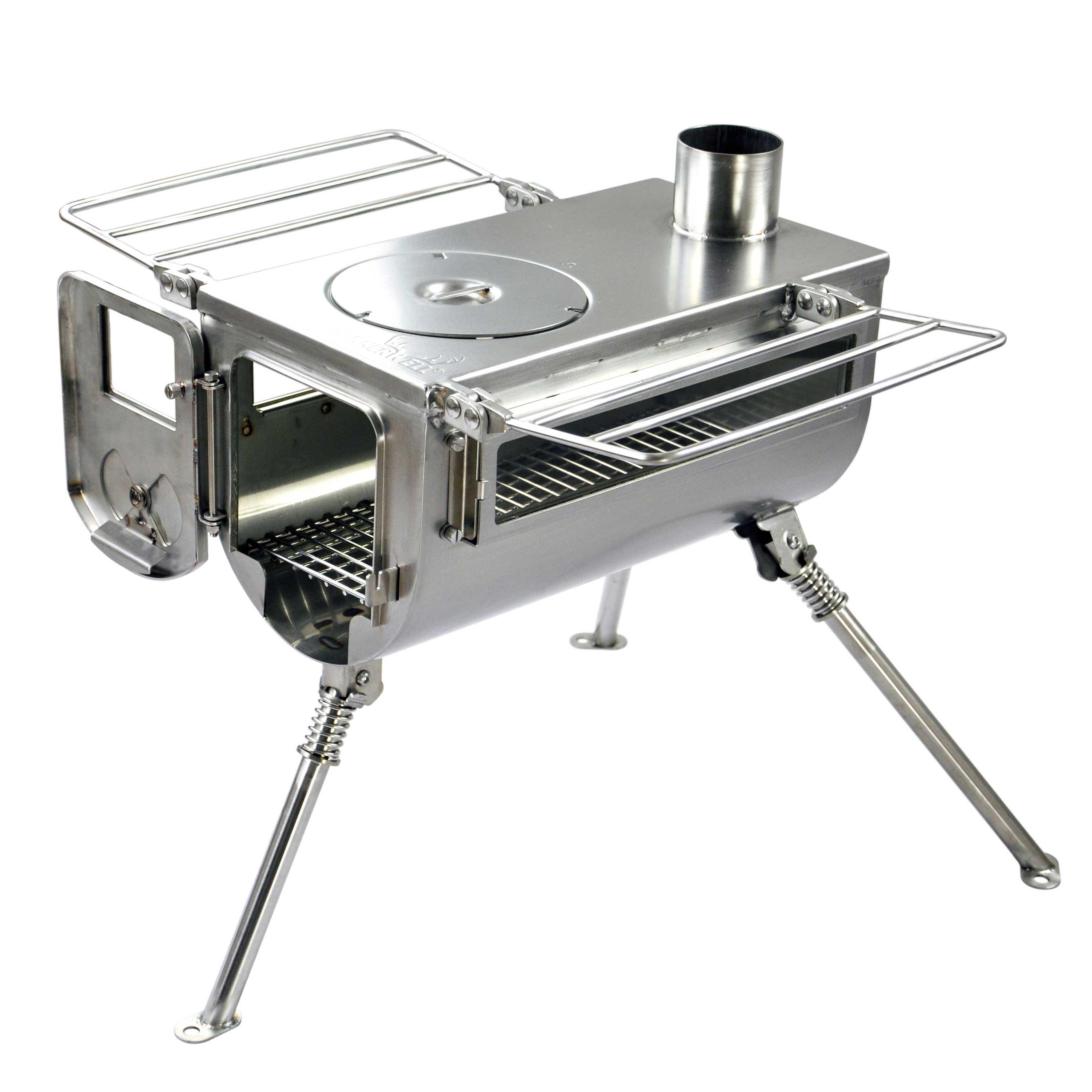 Winnerwell® Woodlander Double View 1G Cook Camping Stove—crafted with 304 stainless steel. The smooth, reflective surface and robust construction highlight its durability, rust resistance, and ability to withstand harsh outdoor conditions. Ideal for long-lasting, reliable camping cooking.