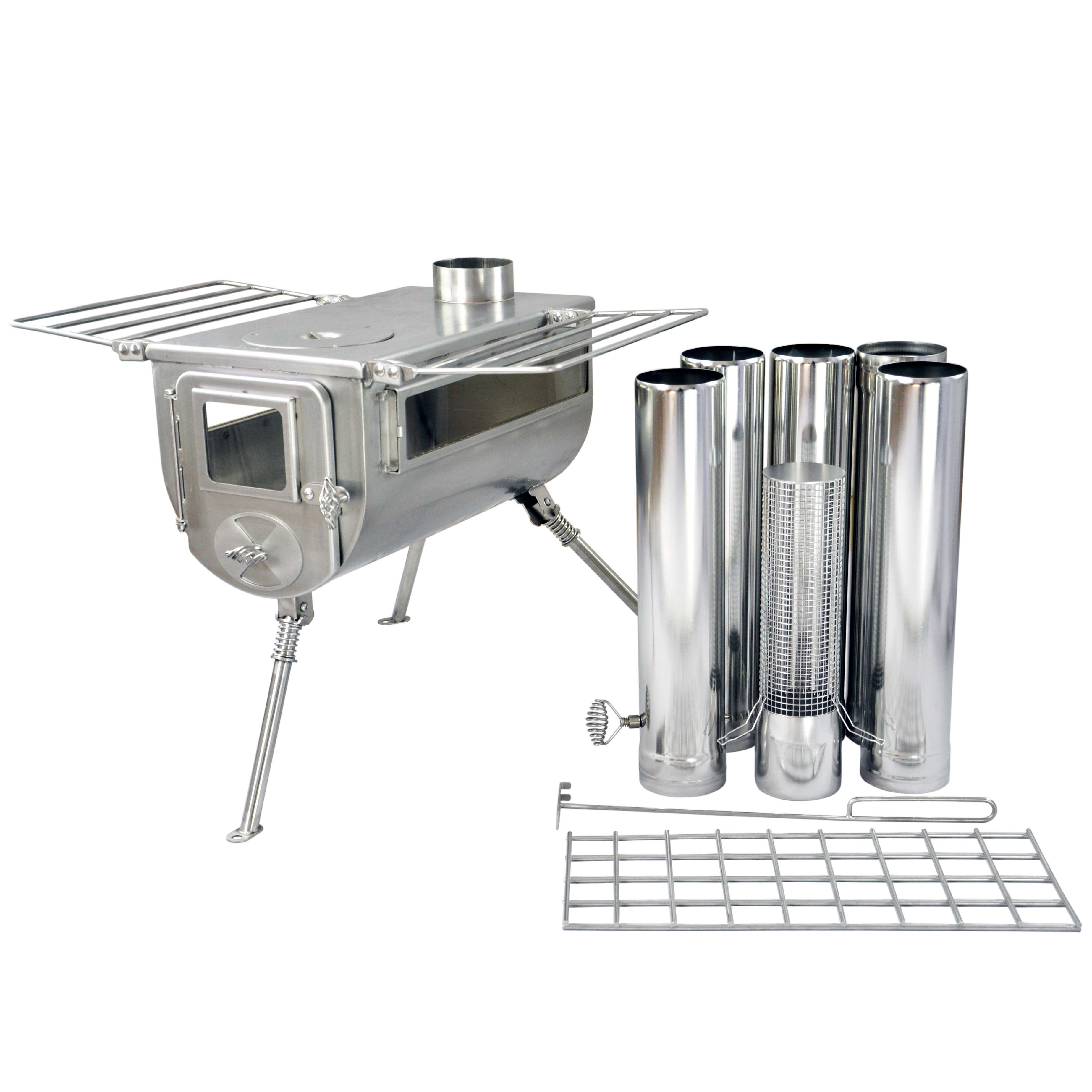 Close-up of Winnerwell® Woodlander Double View 1G Stove’s 304 stainless steel body—precision-engineered for strength, corrosion resistance, and heat tolerance. This high-quality material ensures the stove performs flawlessly in rain, snow, or extreme temperatures, making it a lifetime investment for outdoor enthusiasts.