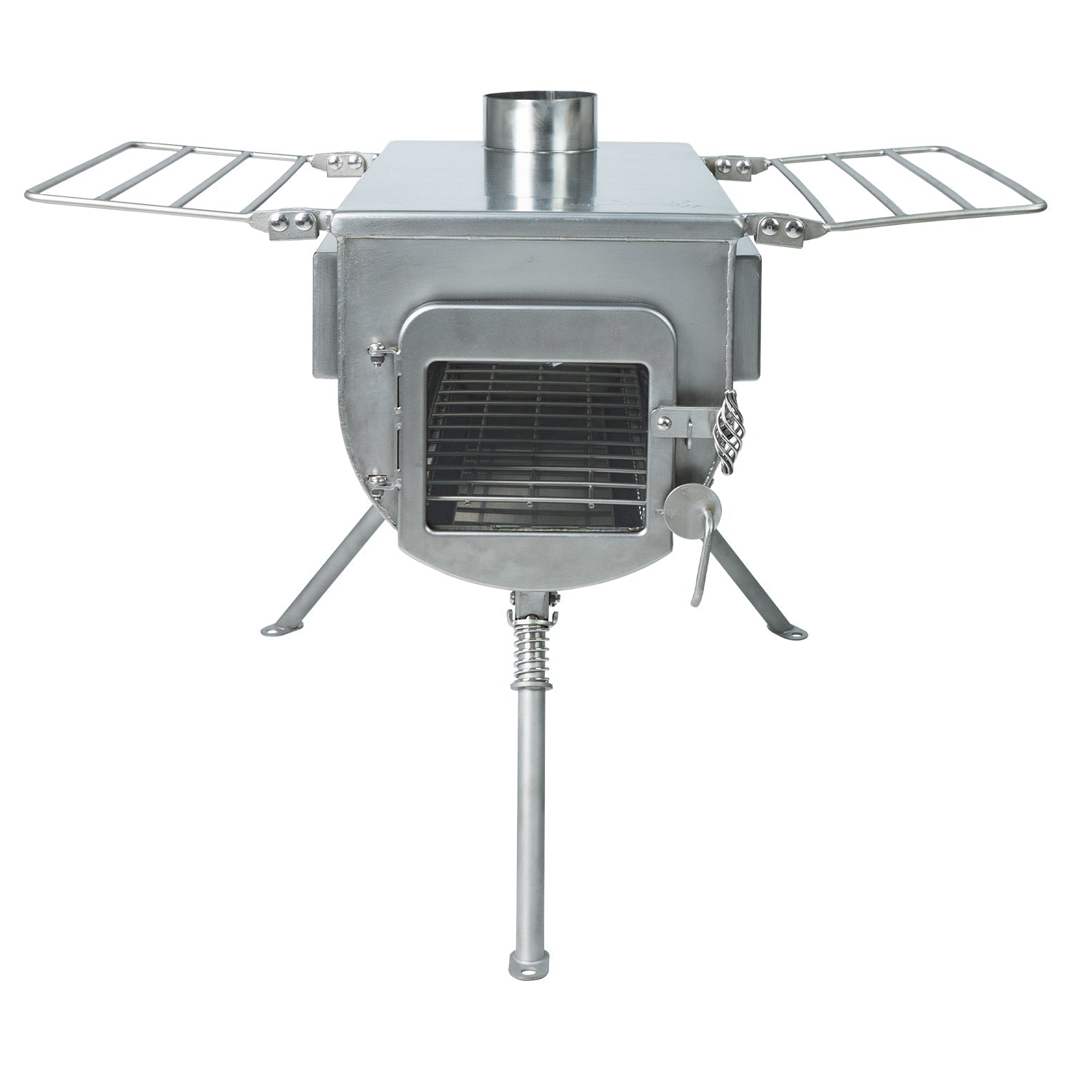 A fully assembled Winnerwell® Woodlander PLUS Double View External Air Wood Burning Tent Stove inside a winter camping tent, demonstrating its efficient heating capabilities with dual glass windows for fire monitoring.