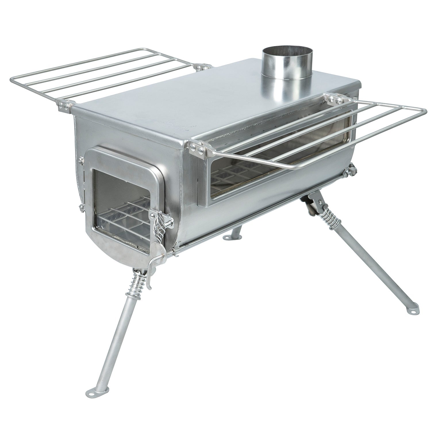 Detailed shot of the high-quality stainless-steel body of the Winnerwell® Woodlander PLUS Double View tent stove, showcasing its durable construction suitable for harsh outdoor conditions.