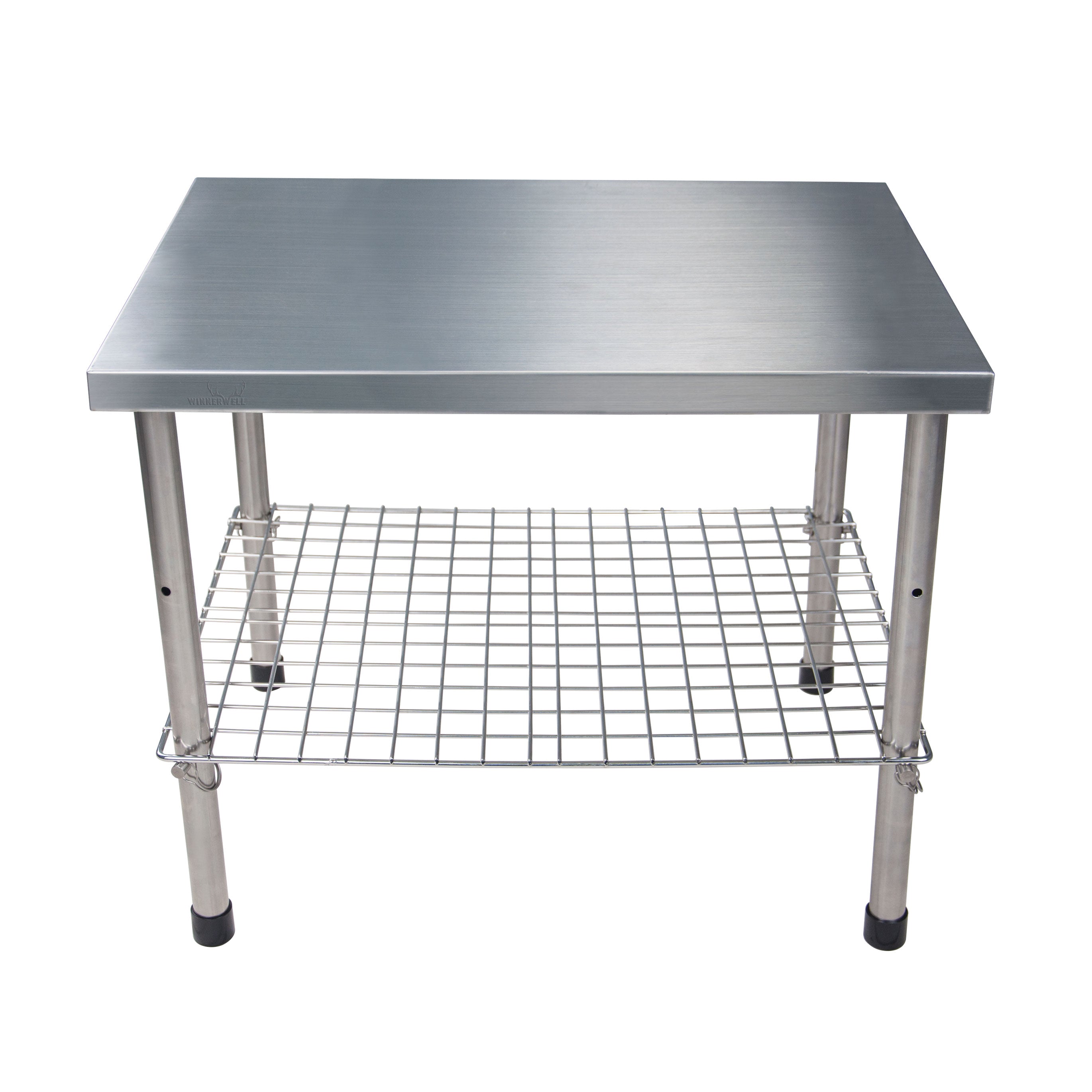 Winnerwell® camping table featuring a stainless - steel tabletop and a lower metal mesh shelf, showcasing its sturdy, two - tier design for outdoor use.