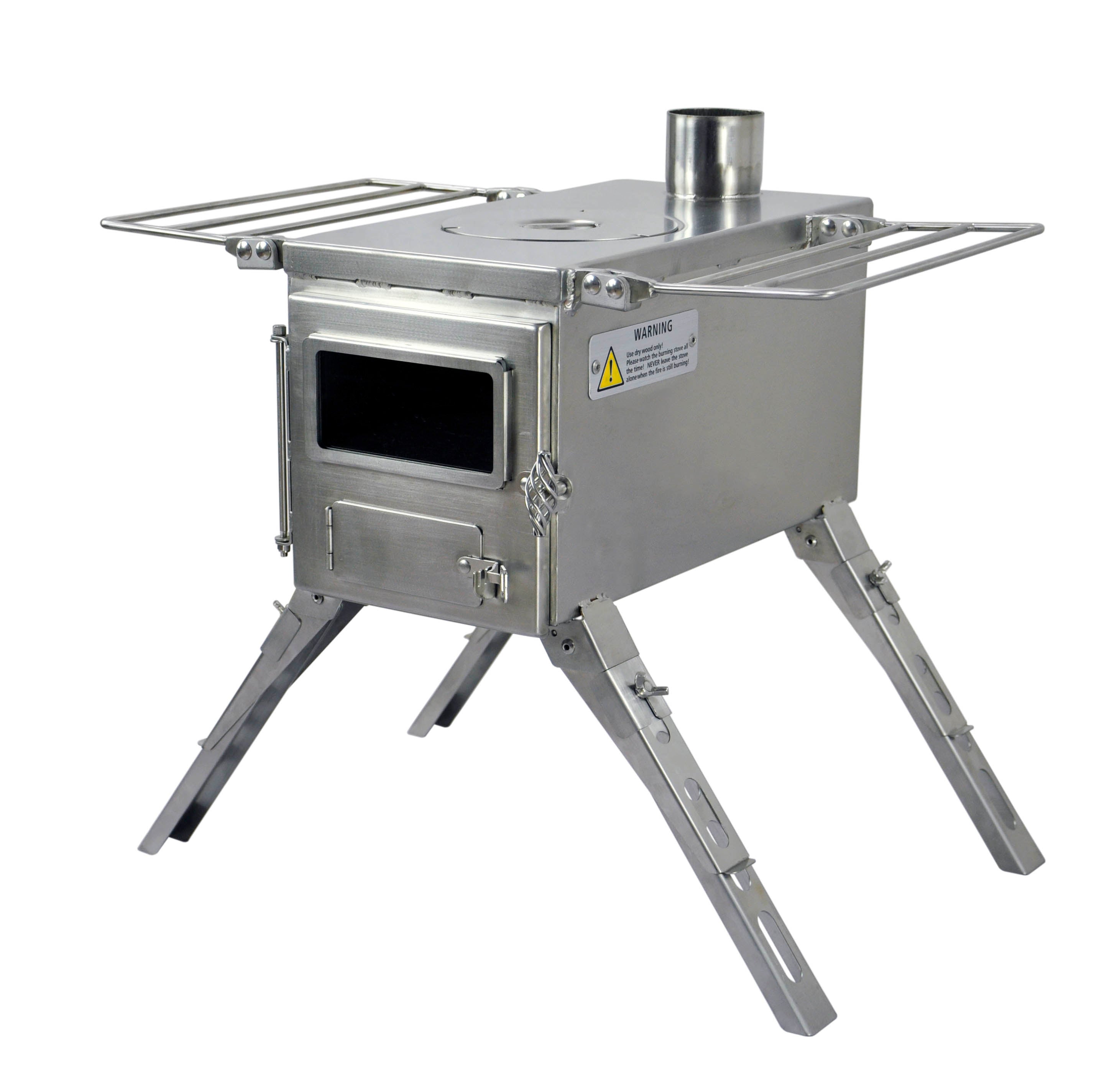 Winnerwell® Extension Legs attached to a Nomad Series stove, demonstrating how they elevate the stove for improved outdoor cooking and fire - using experience.
