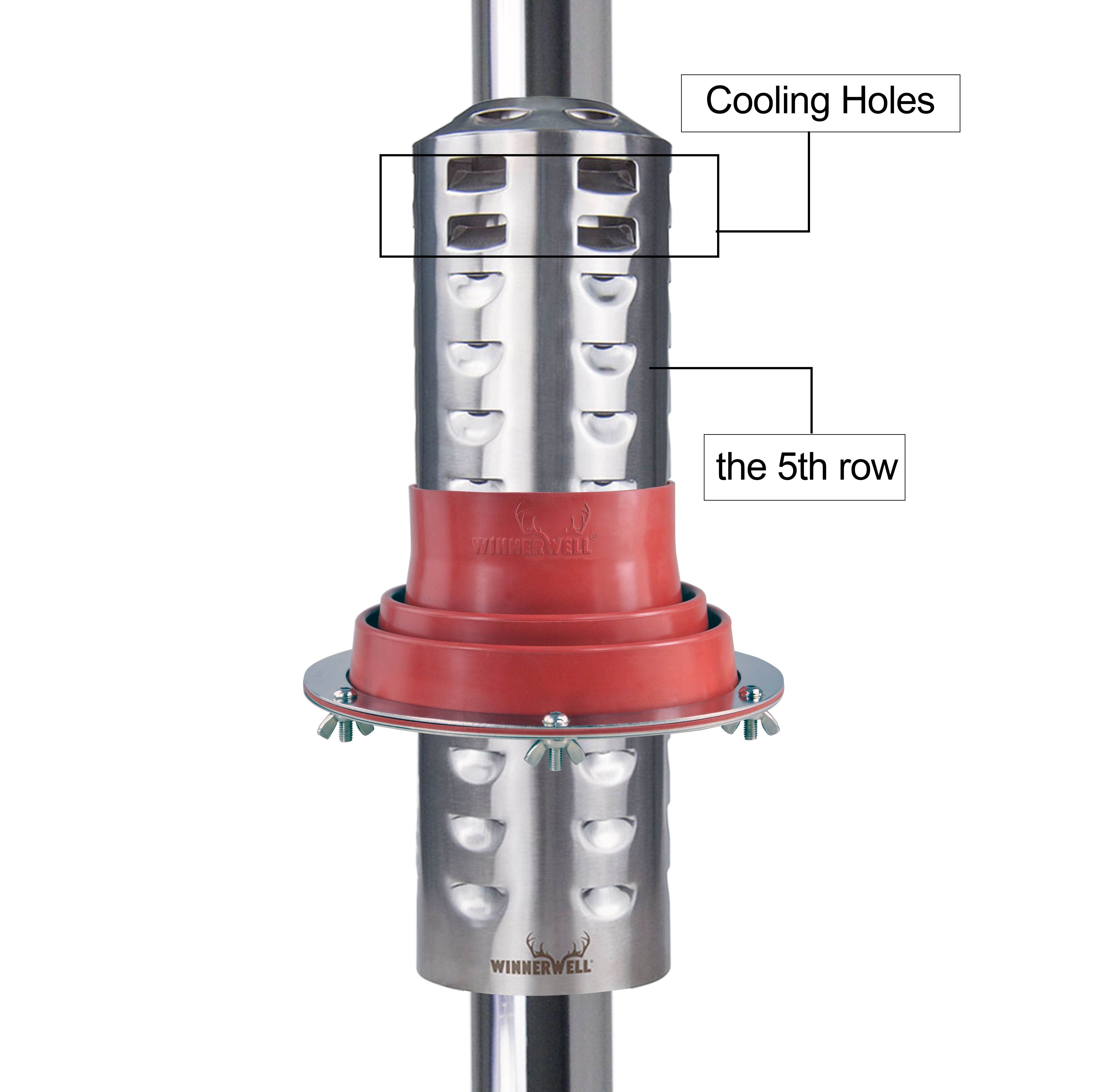 Diagram showing the installation of Winnerwell® Flashing Kit on a stove pipe, highlighting how it fits and seals, compatible with SKU 910447 / SKU 910445 / SKU 910433 for proper outdoor stove ventilation.