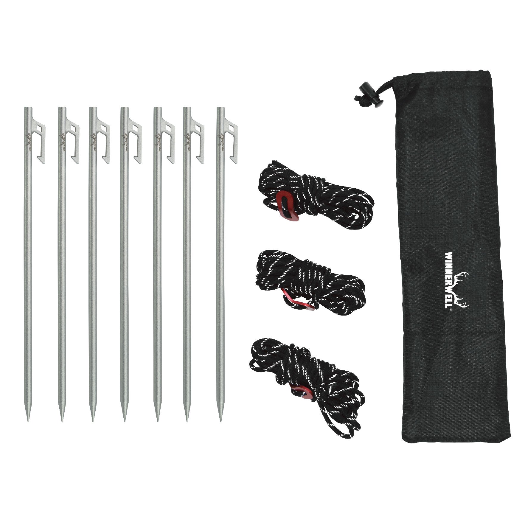 Winnerwell® guyline peg set featuring multiple metal pegs, guyline cords, and a storage pouch, neatly arranged to showcase the complete outdoor camping accessory kit.