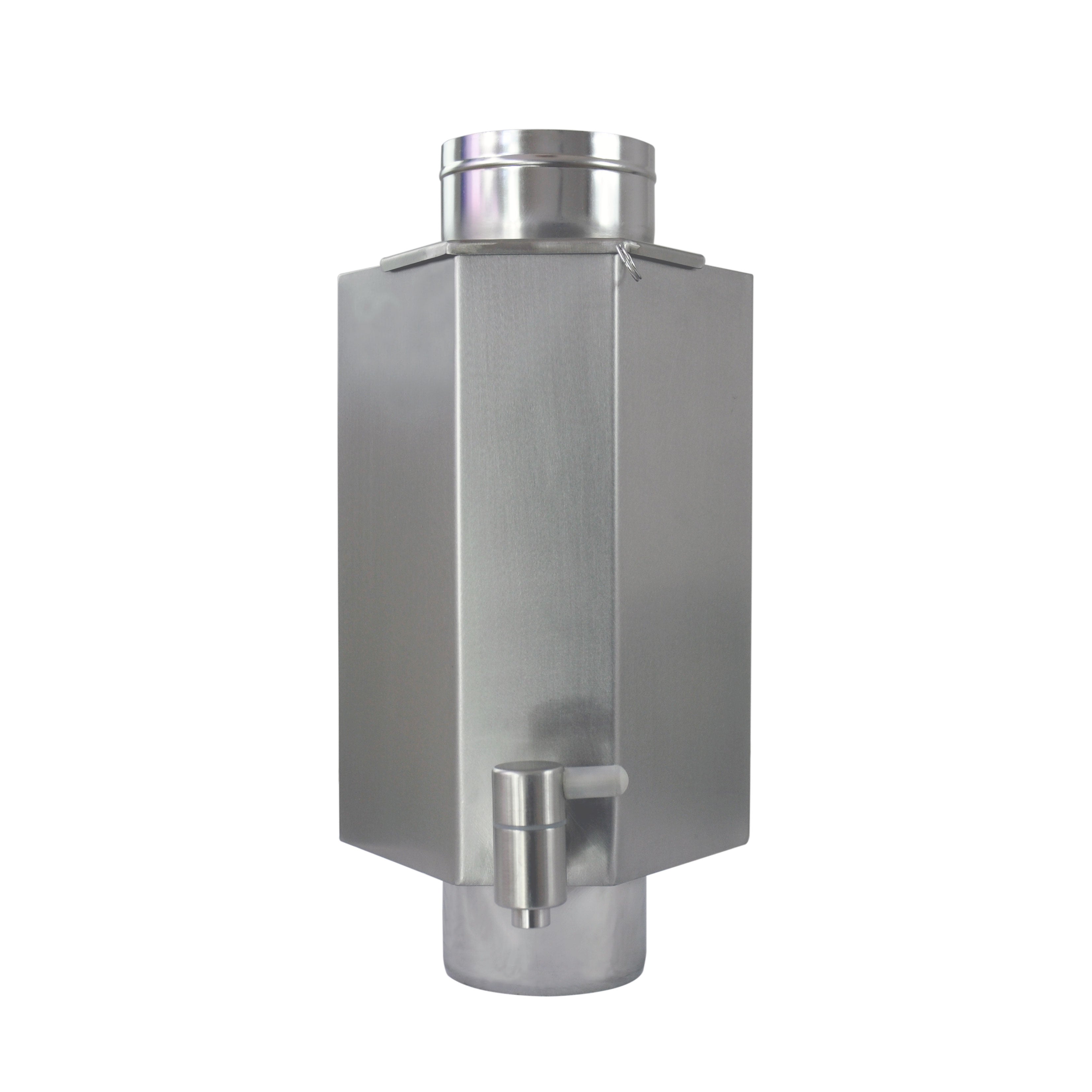 Winnerwell® L - sized Pipe Water Tank showcasing its hexagonal, stainless - steel structure with a spout, designed to attach to stove pipes for heating water using stove heat in outdoor settings.