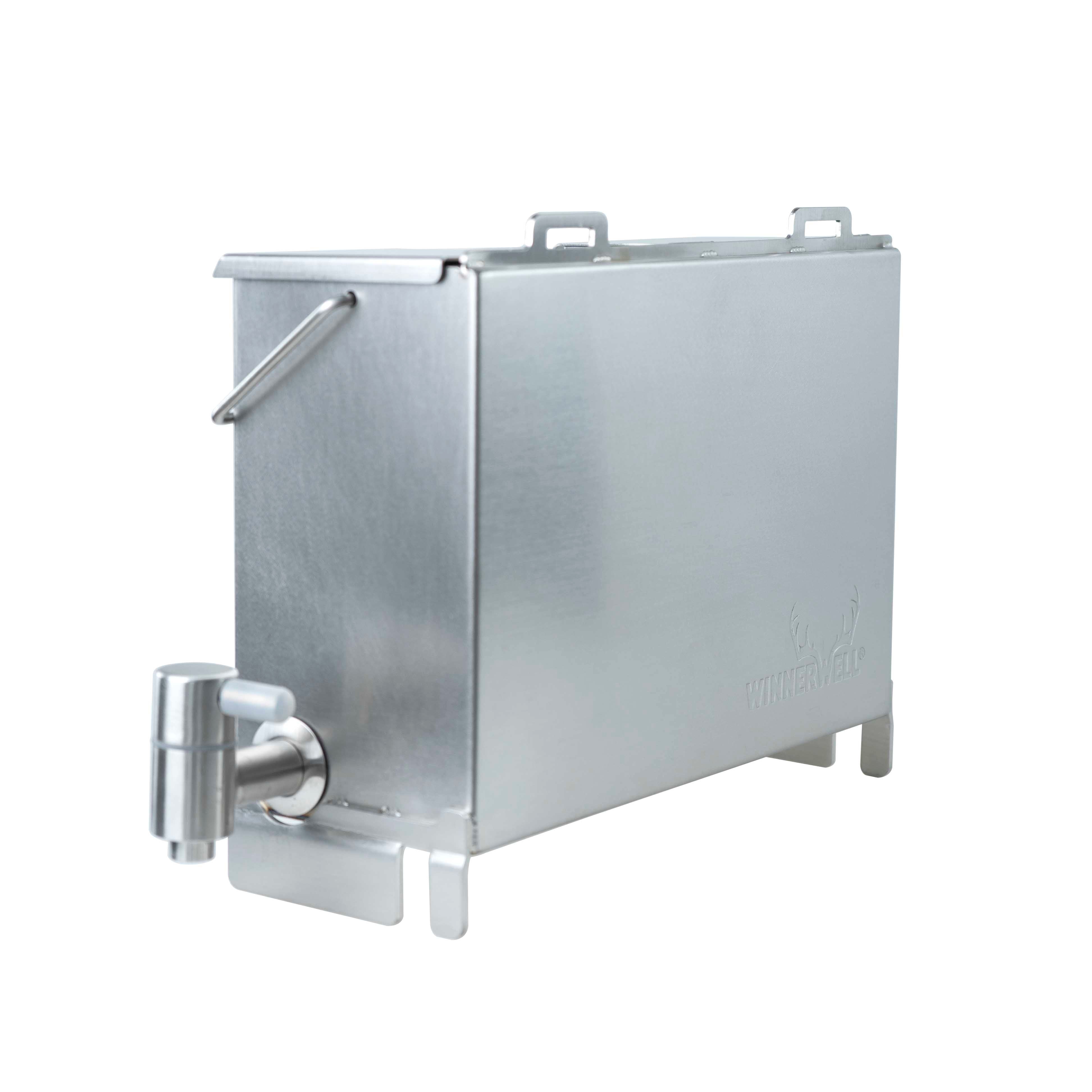 Winnerwell® L - sized Water Tank showcasing its large, rectangular stainless - steel structure with a spout and handles, designed for outdoor use with compatible stoves to heat and store water.
