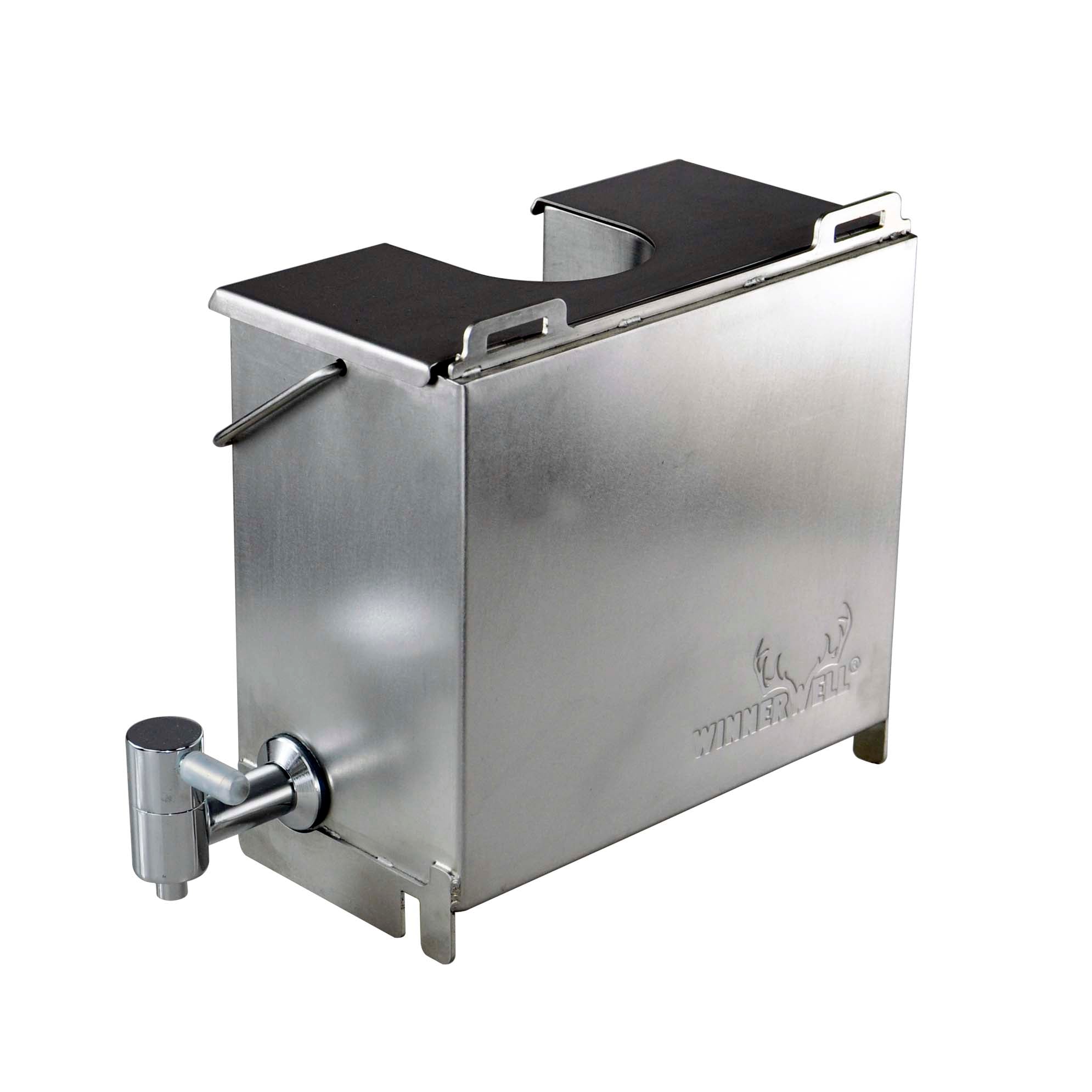 Winnerwell® M - sized Water Tank showcasing its rectangular, stainless - steel construction with a spout and a lid, designed for outdoor use with compatible stoves to heat water.
