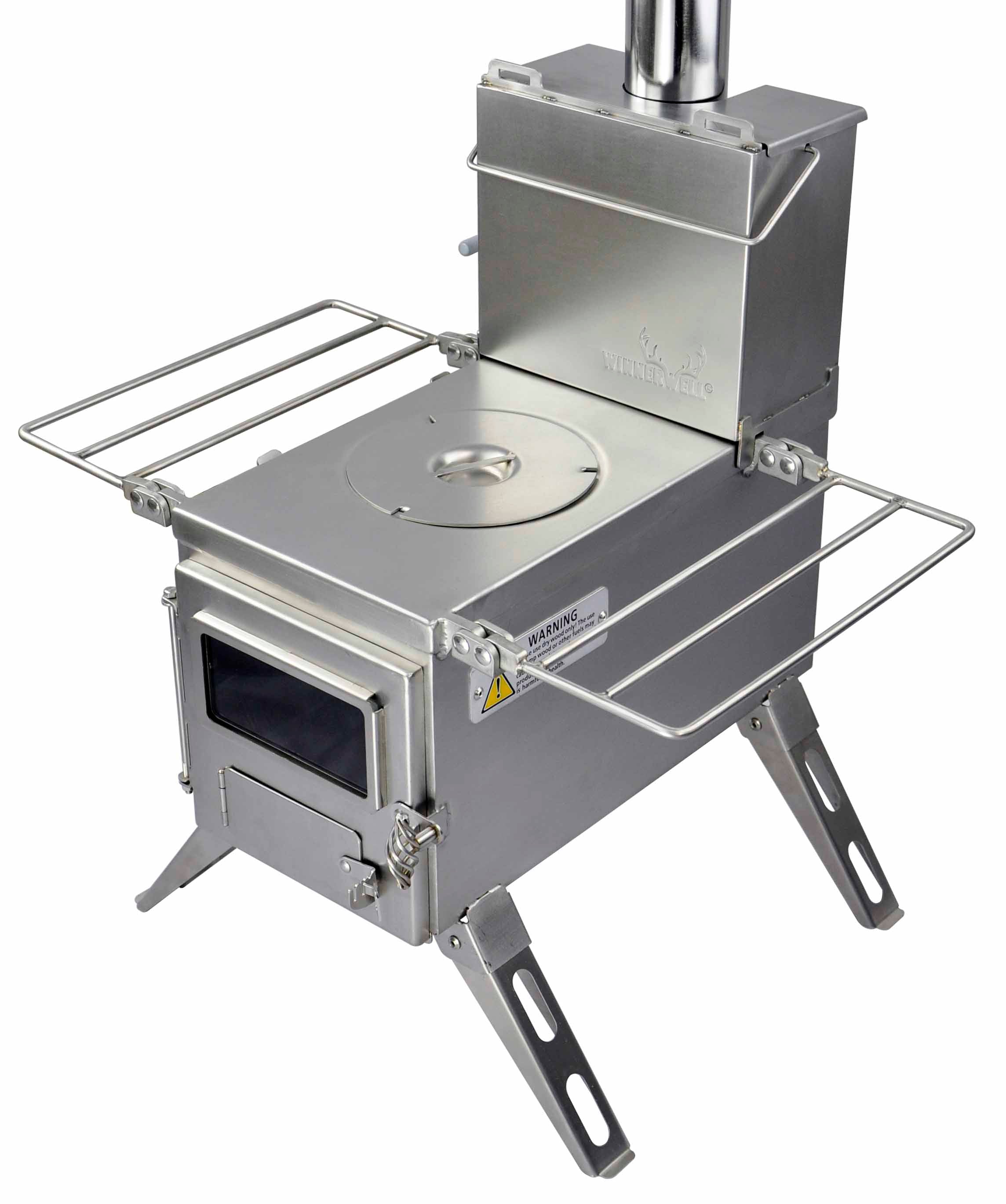 Winnerwell® M - sized Water Tank paired with an M - sized stove, demonstrating how it integrates into an outdoor cooking system to utilize stove heat for warming water.