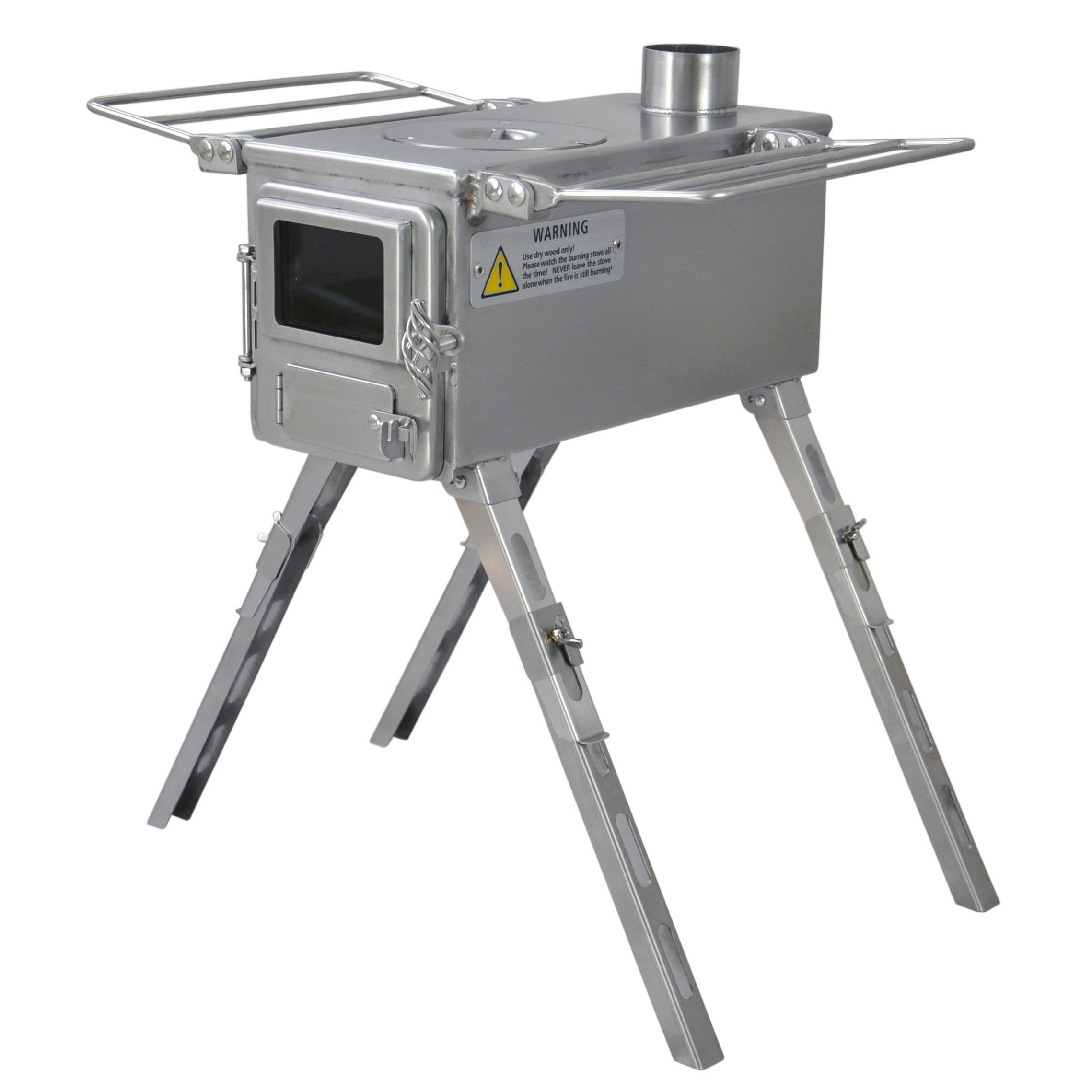 Winnerwell® Nomad Series S stove equipped with extension legs, demonstrating the elevated setup for improved outdoor cooking convenience.