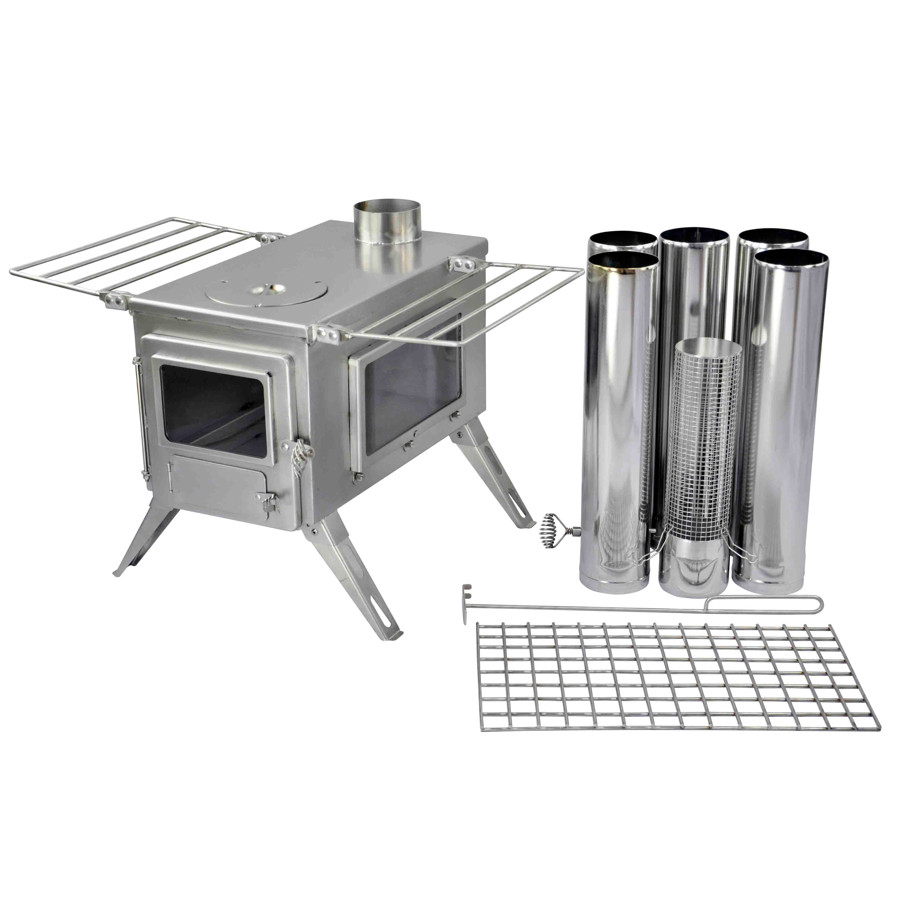 Winnerwell® Nomad View 1G Cook Camping Stove, featuring a full set of stainless - steel components including the stove body, chimney sections, and cooking racks. High - quality stainless steel ensures durability for outdoor camping, suitable for multi - functional use as a wood - burning stove for picnics and adventures.