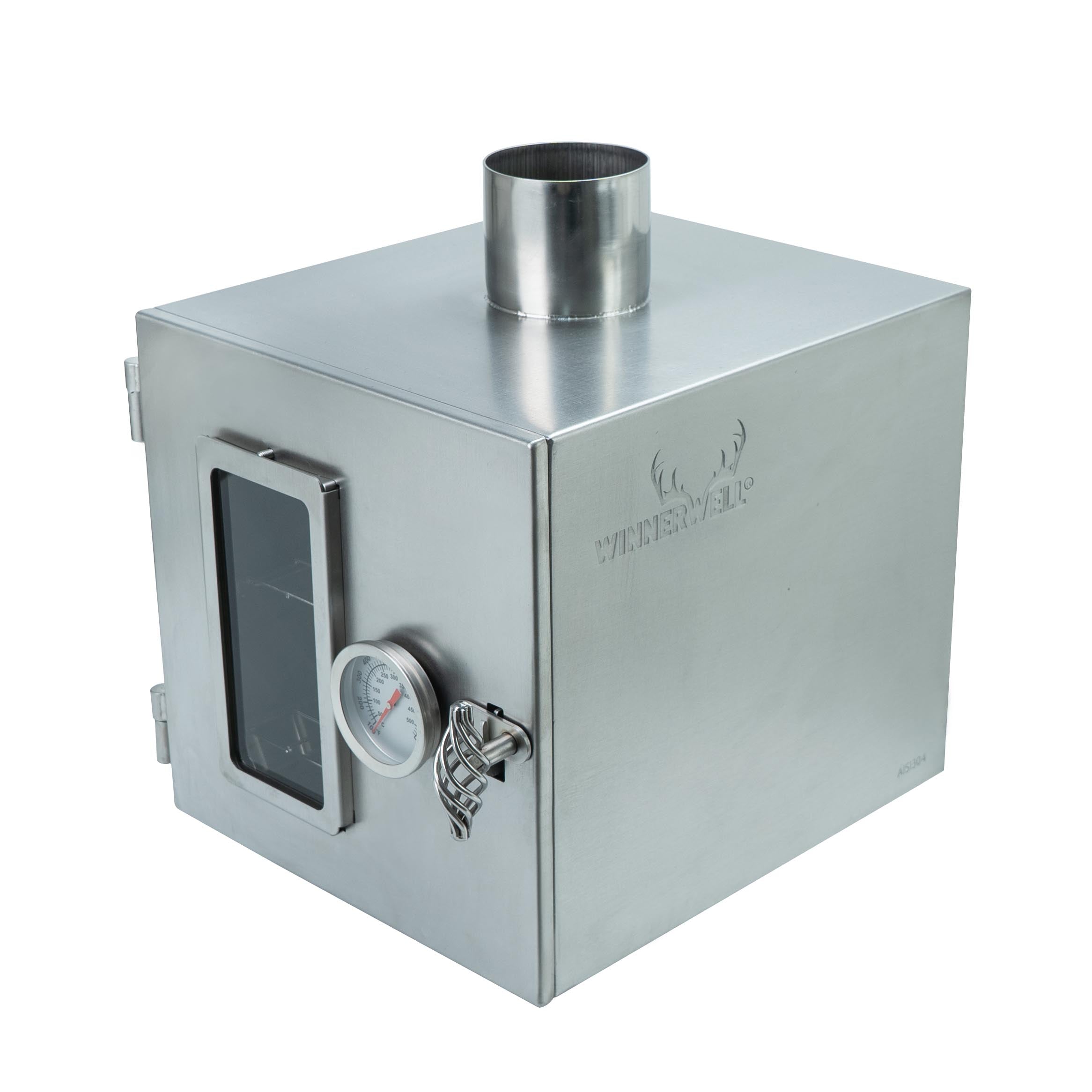 Winnerwell® Pipe Oven 2.5'' showcasing its compact, cube - shaped stainless - steel structure with a viewing window, temperature gauge, and chimney port, designed for outdoor cooking and heat utilization.