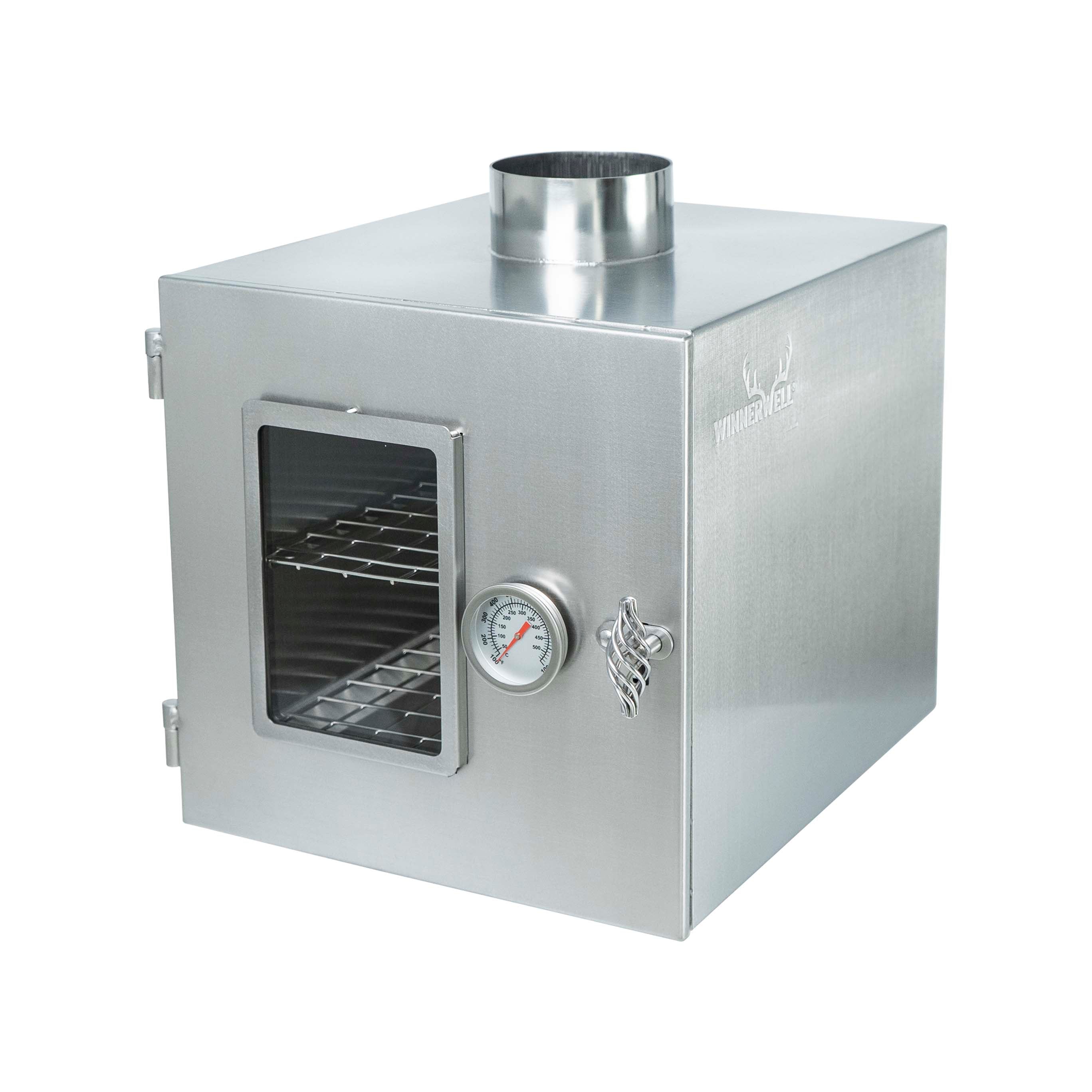 Winnerwell® Pipe Oven 3.5'' in stainless - steel, showcasing its box shape with a viewing window, temperature gauge, and internal rack, designed for outdoor cooking by utilizing stove pipe heat.