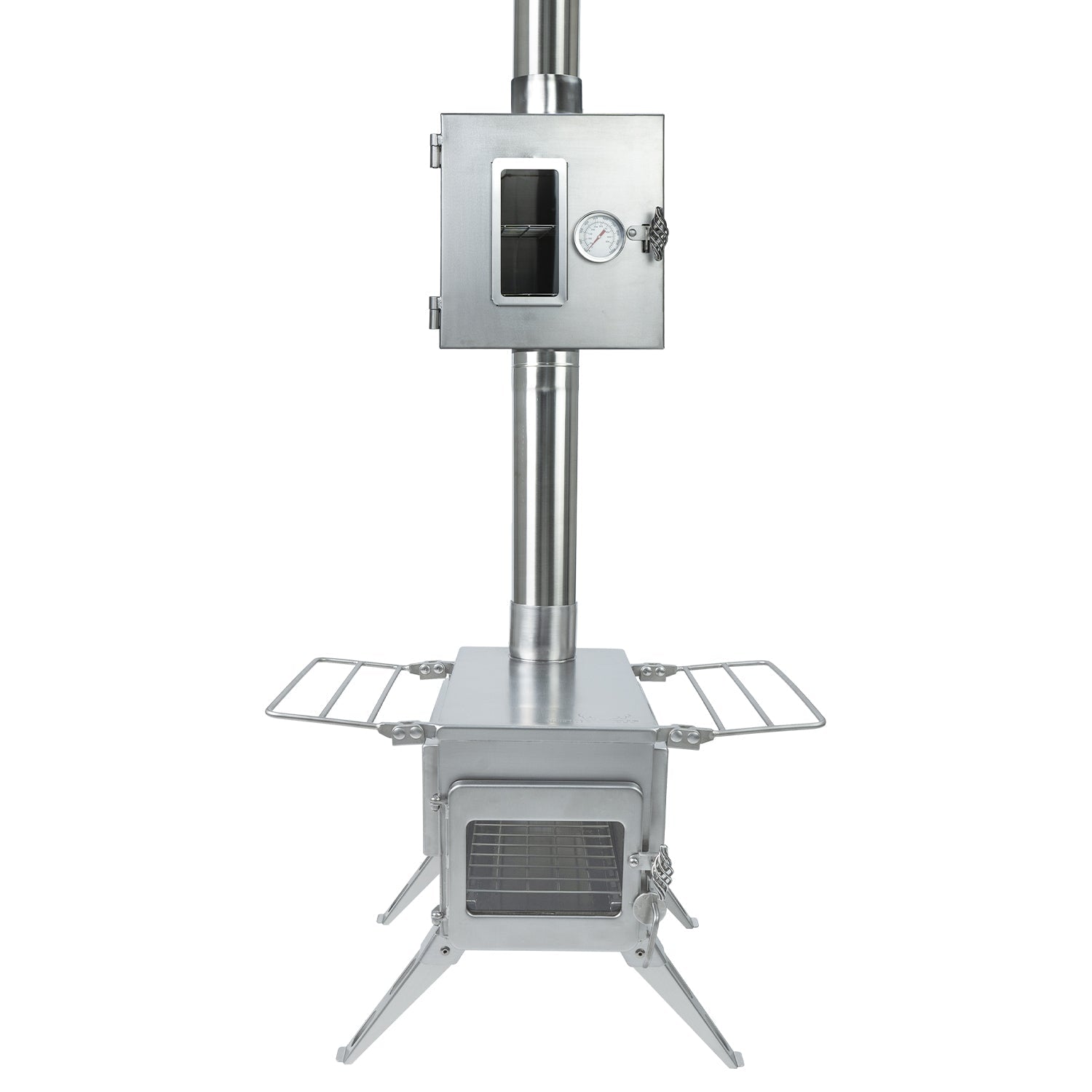 Winnerwell® Pipe Oven attached to the chimney of an External Air M - sized Stove, displayed from the side to show how it integrates with the stove system for baking and heating purposes.
