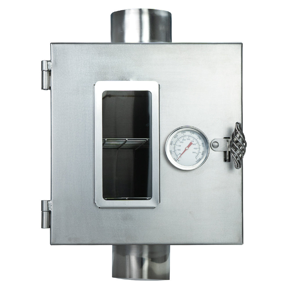 Winnerwell® Pipe Oven designed for External Air M - sized Stove, showcasing its box - shaped, stainless - steel structure with a viewing window and a temperature gauge, highlighting its functionality for outdoor cooking and heating.