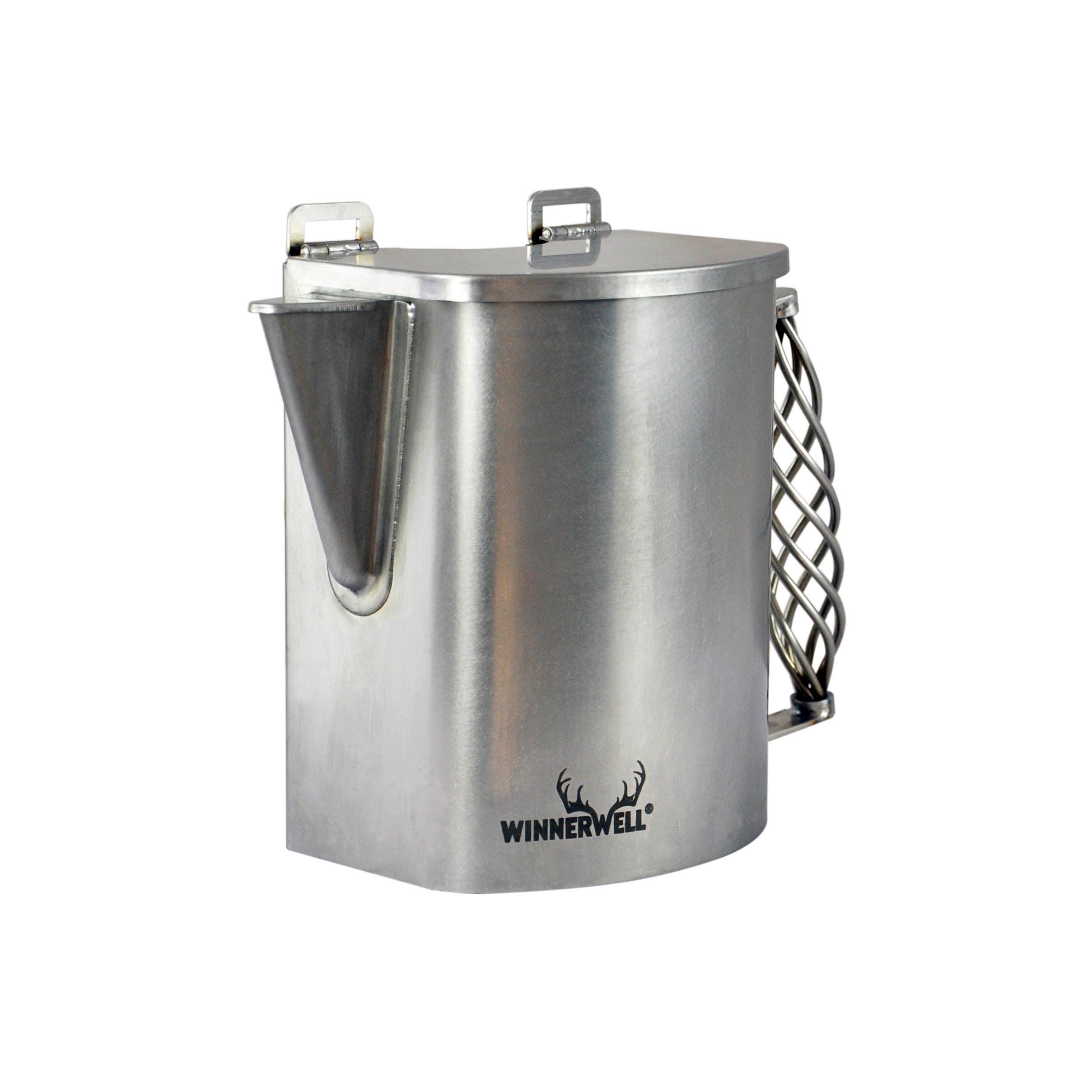 Winnerwell® S - sized Water Tank showcasing its compact, stainless - steel construction with a handle and a pouring spout, designed for outdoor use with compatible stoves.
