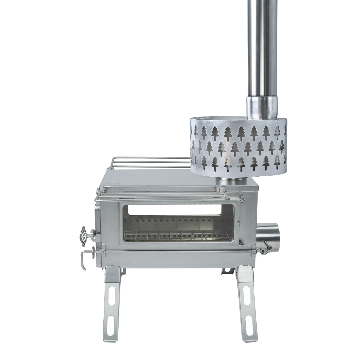 Winnerwell® Secondary Combustion Burner attached to an External Air M - sized Stove, displayed from the side to show how it integrates with the stove structure for improved burning performance.