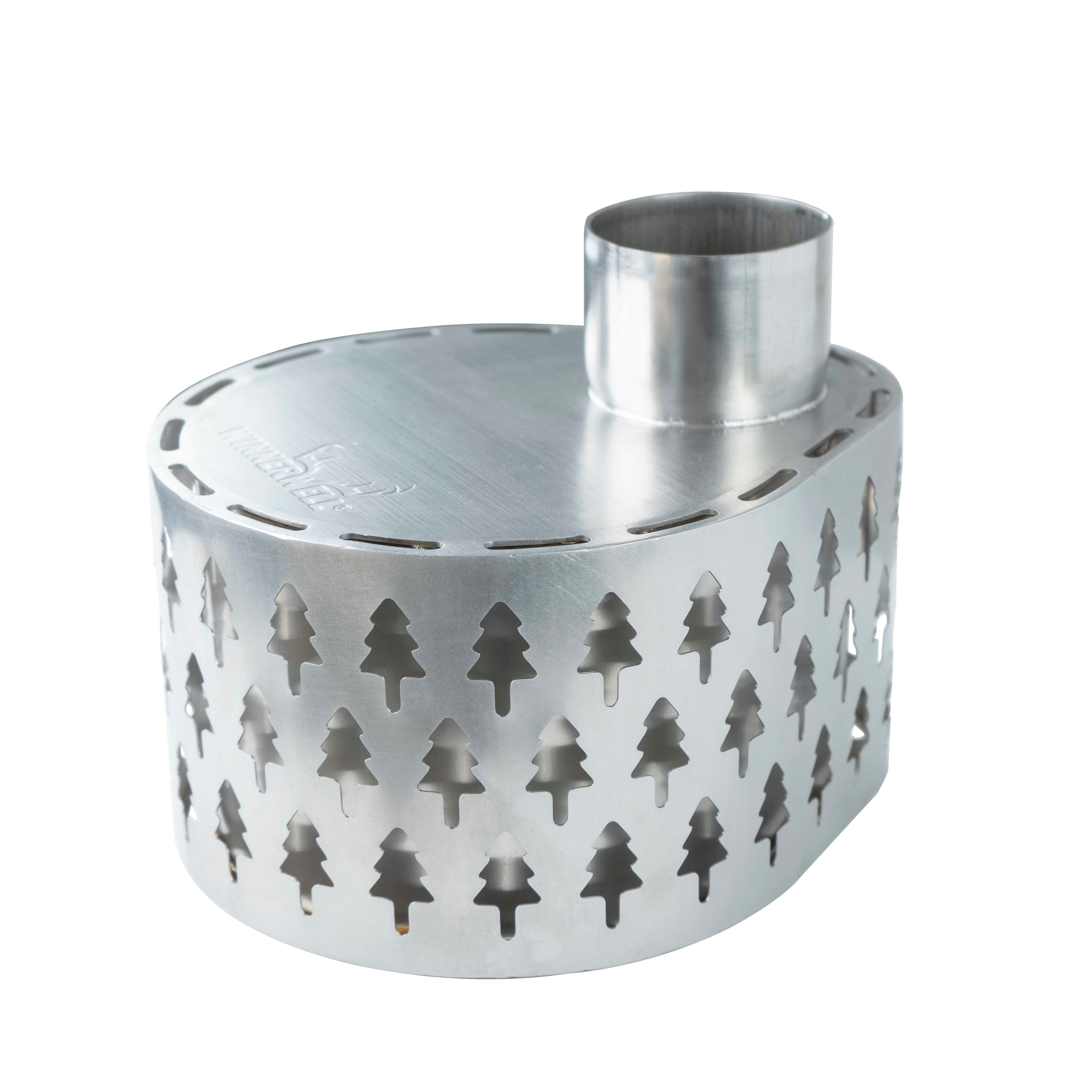 Winnerwell® Secondary Combustion Burner designed for External Air M - sized Stove, showcasing its cylindrical shape with tree - cutout patterns and a chimney port, highlighting its role in enhancing combustion efficiency.
