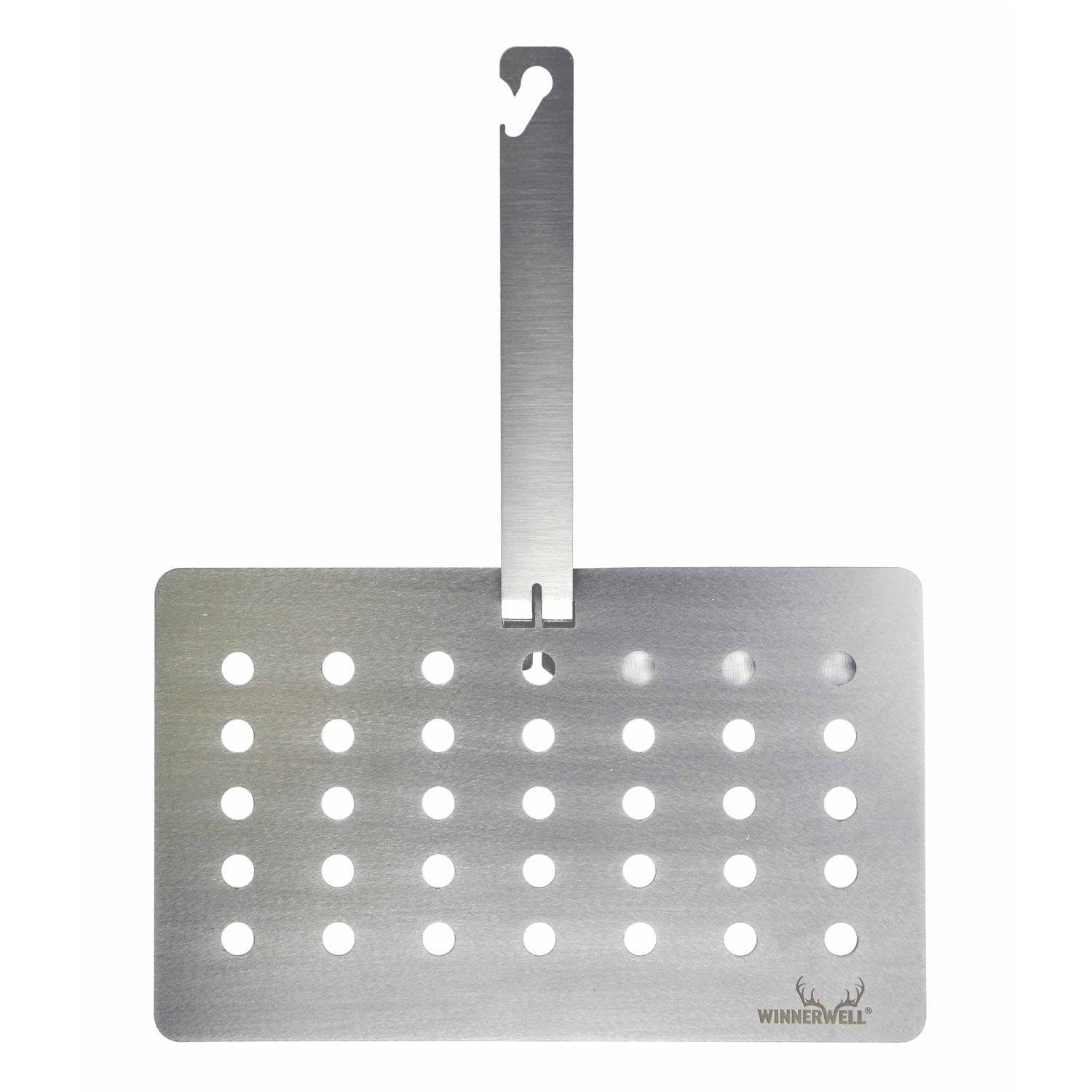 Winnerwell® stainless steel grill plate with a hanging handle, showcasing its flat, rectangular shape and evenly spaced circular holes, designed for efficient grilling.