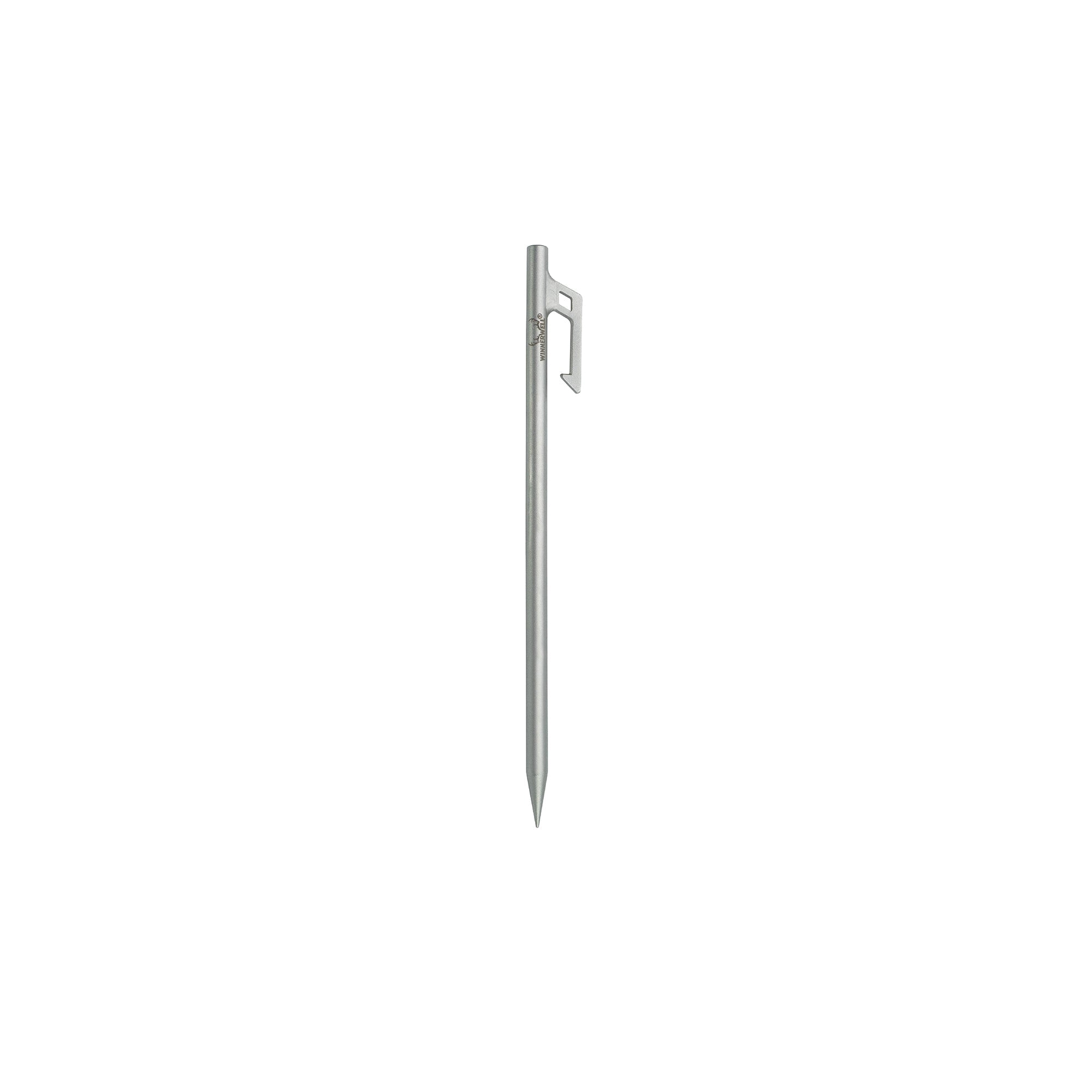 Winnerwell® stainless steel peg, showcasing its full length, metallic silver color, and structural details, designed for outdoor camping use like tent anchoring.