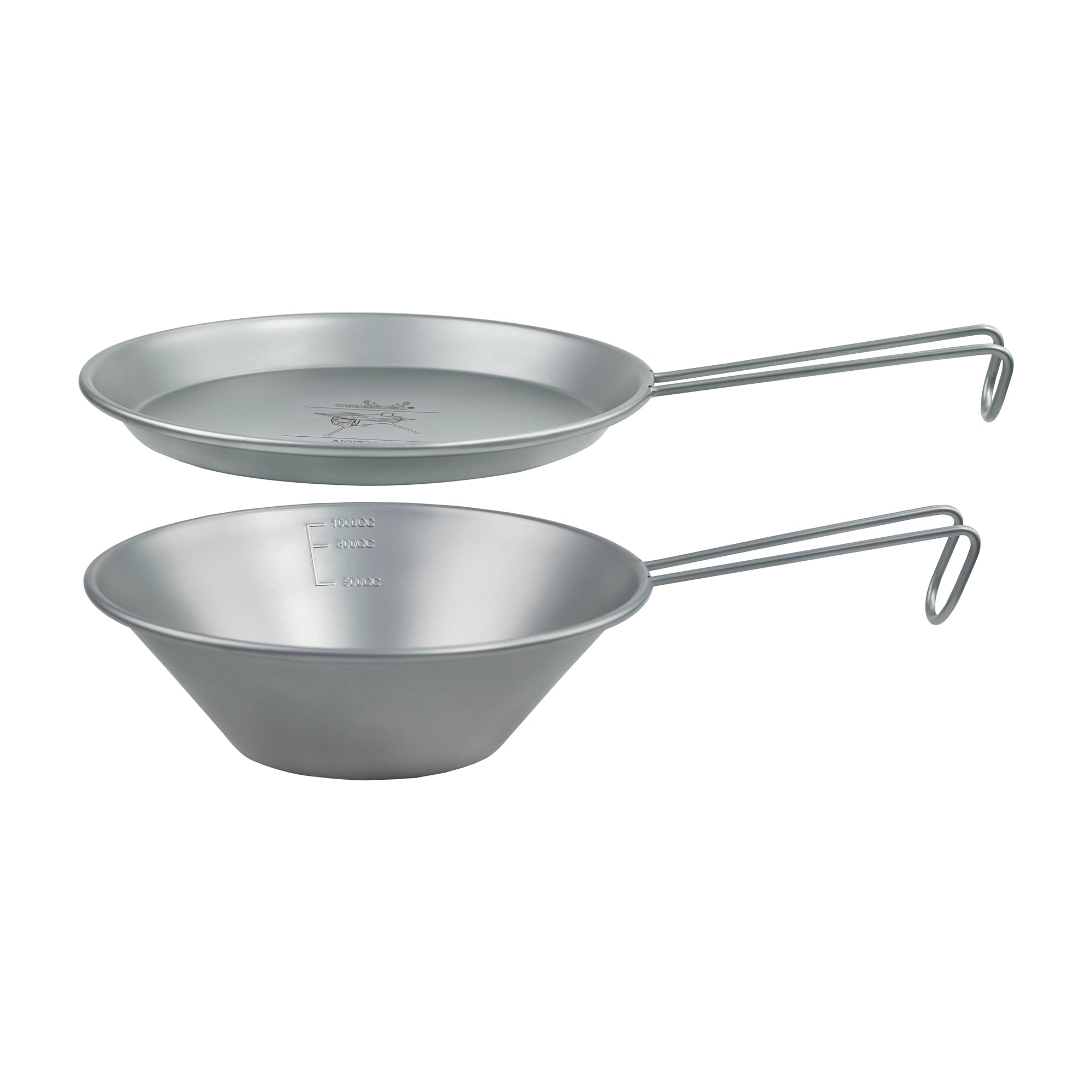 Winnerwell® stainless steel Sierra cooking pot and pan set, showcasing two pieces with long handles, designed for outdoor cooking scenarios like camping.