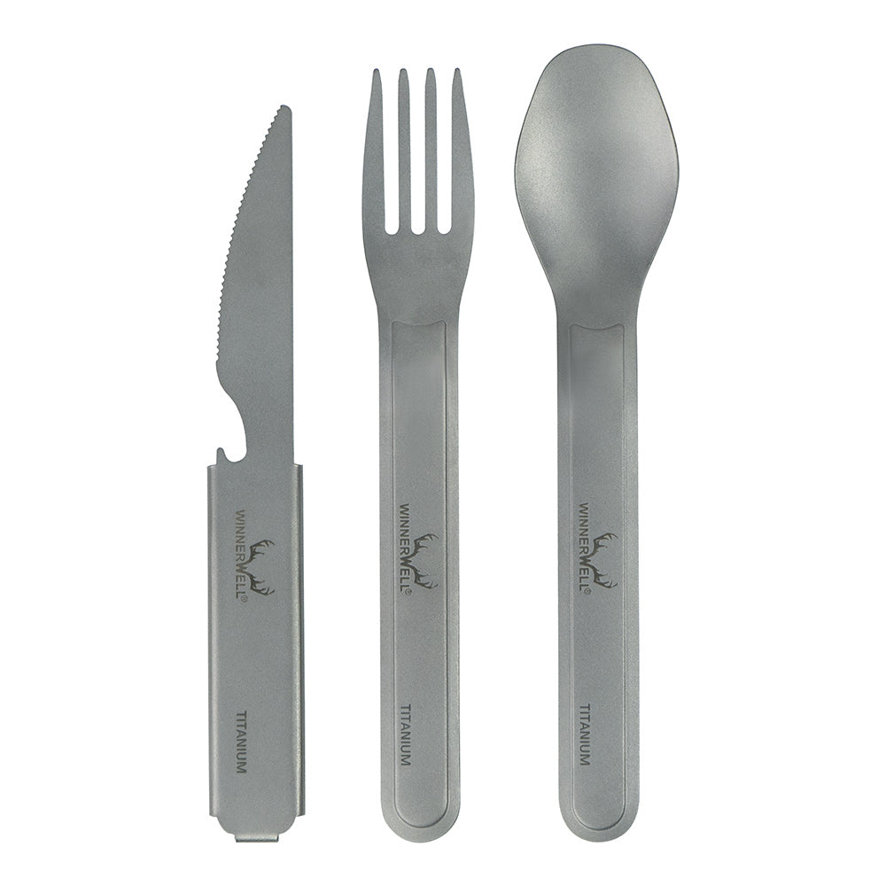 Winnerwell® titanium cutlery set showing separate knife, fork, and spoon, all in a sleek, metallic gray color, designed for outdoor use.（