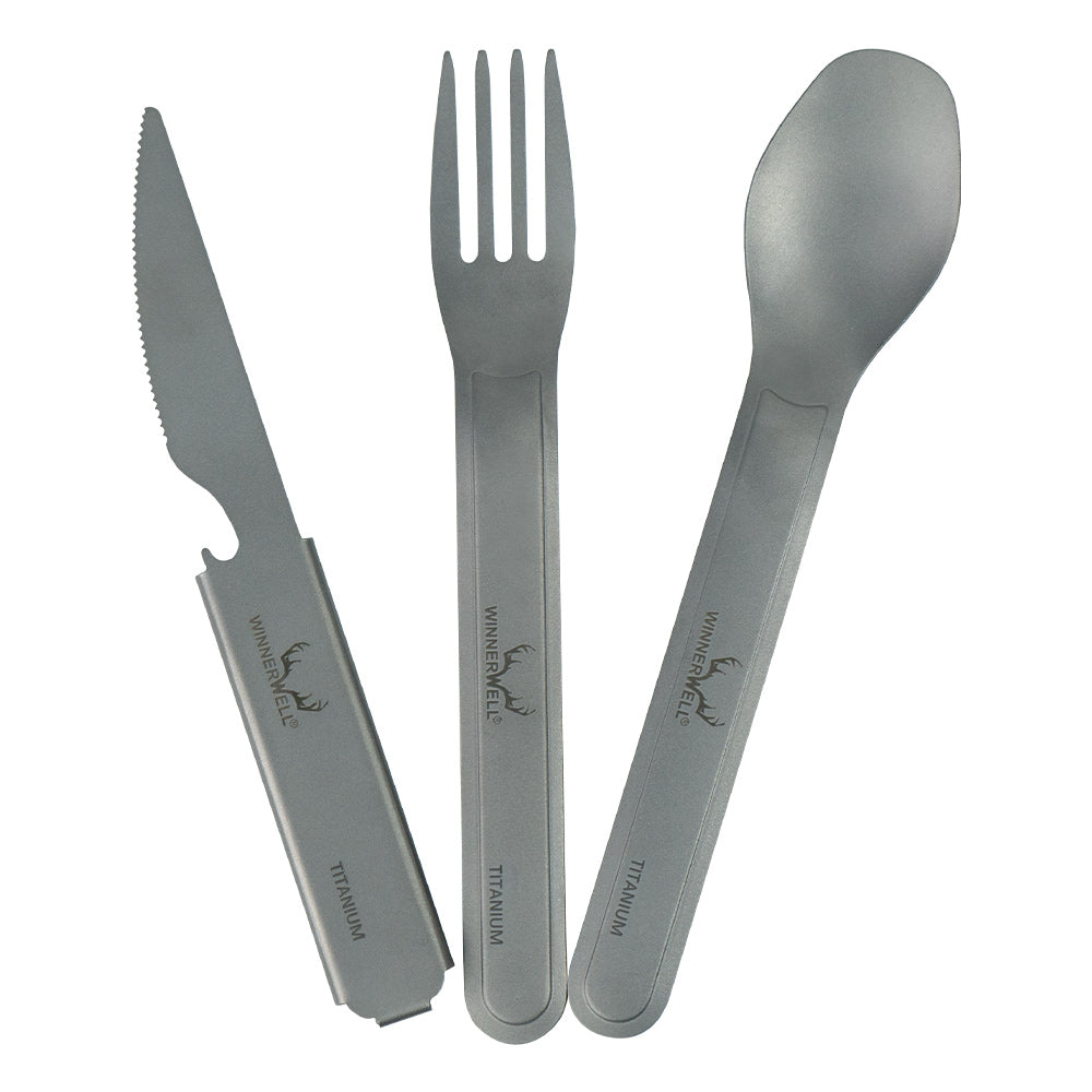 Side - by - side view of Winnerwell® titanium cutlery set including knife, fork, and spoon, showcasing their compact, travel - friendly design.