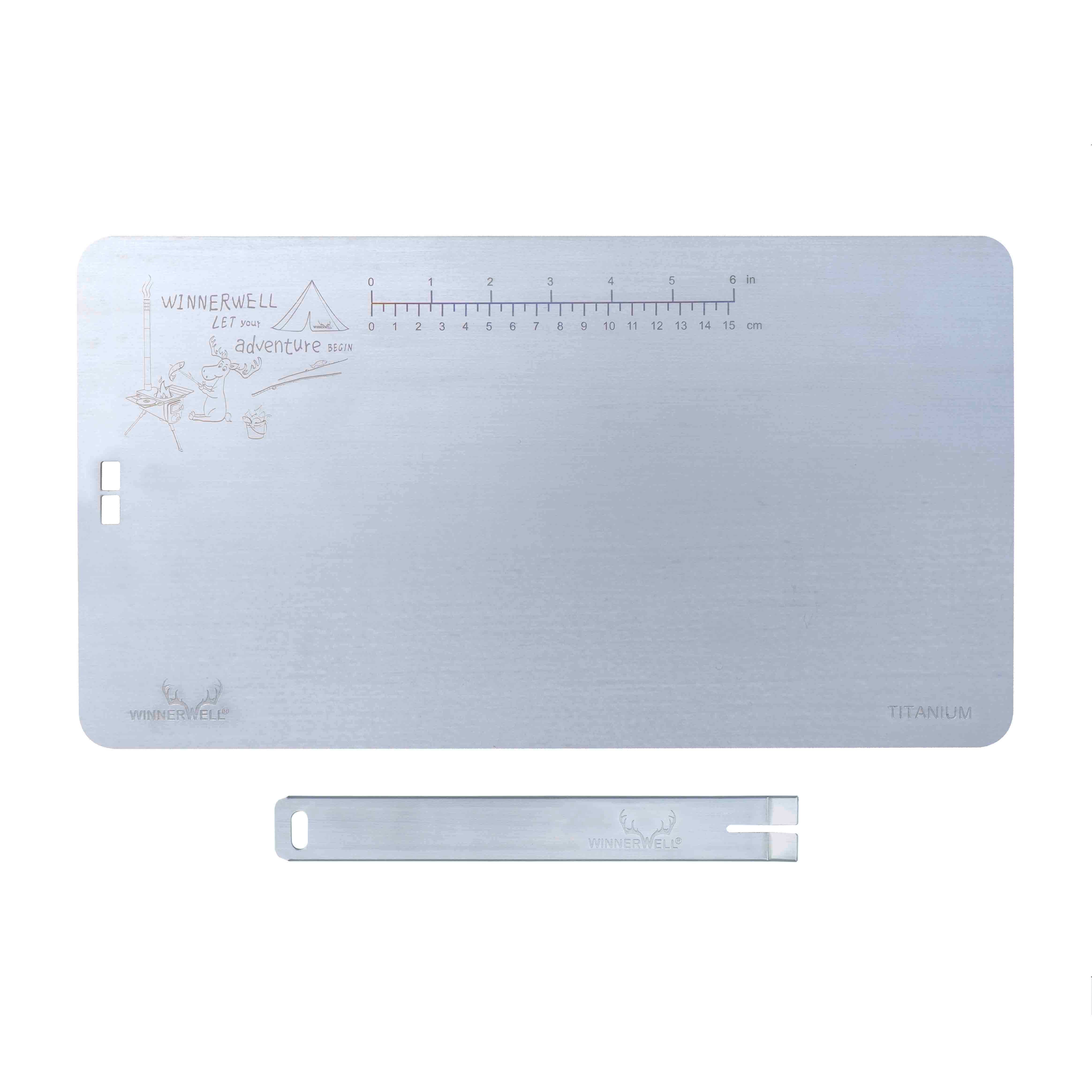 Winnerwell® titanium cutting board with handle displayed on a gray background, showcasing its flat, rectangular shape and integrated handle design.
