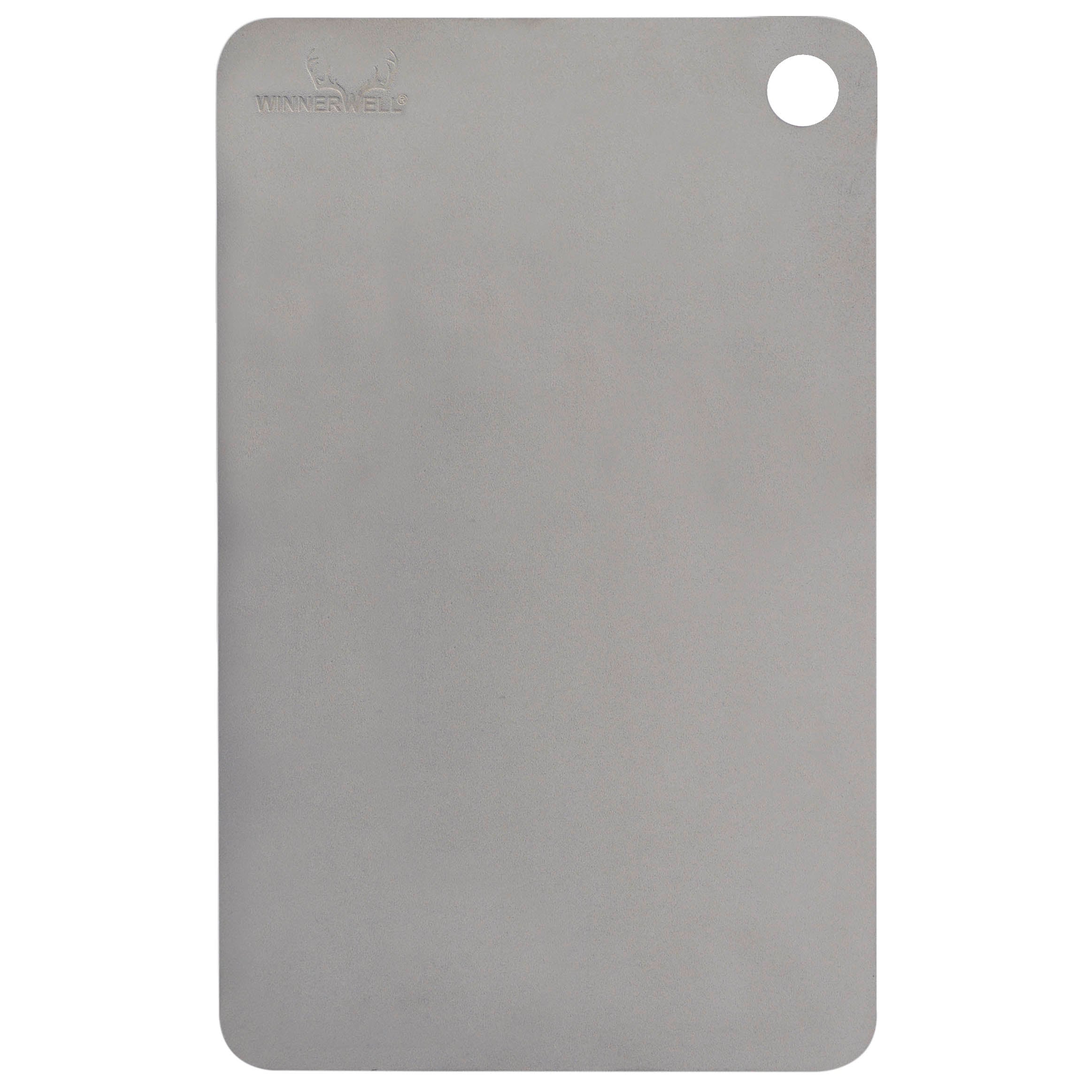 Winnerwell® titanium cutting board with a hanging hole, showcasing its sleek, flat, rectangular shape and metallic finish.