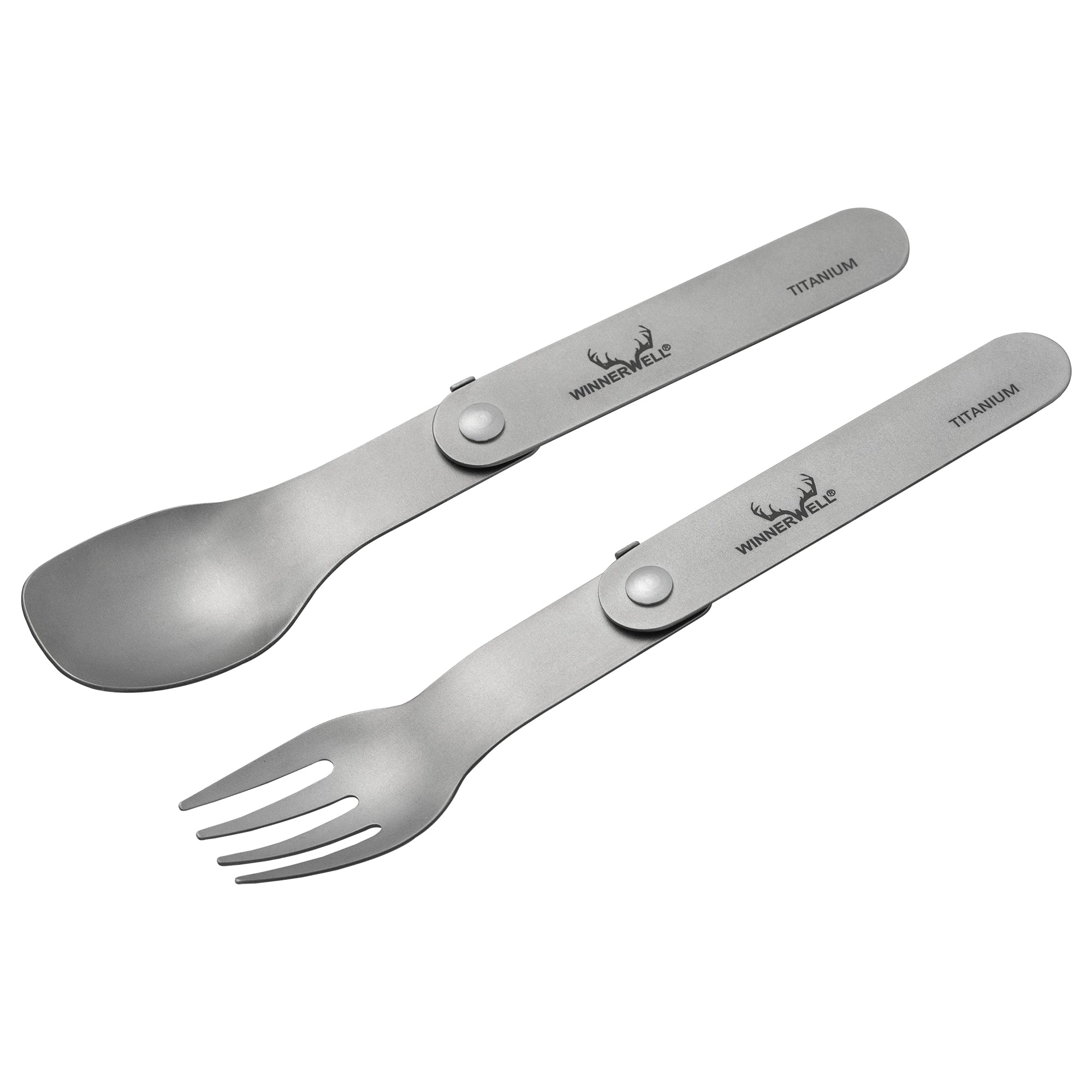 Winnerwell® titanium folding fork and spoon set displayed in the unfolded state, showcasing the compact, foldable design suitable for outdoor use.