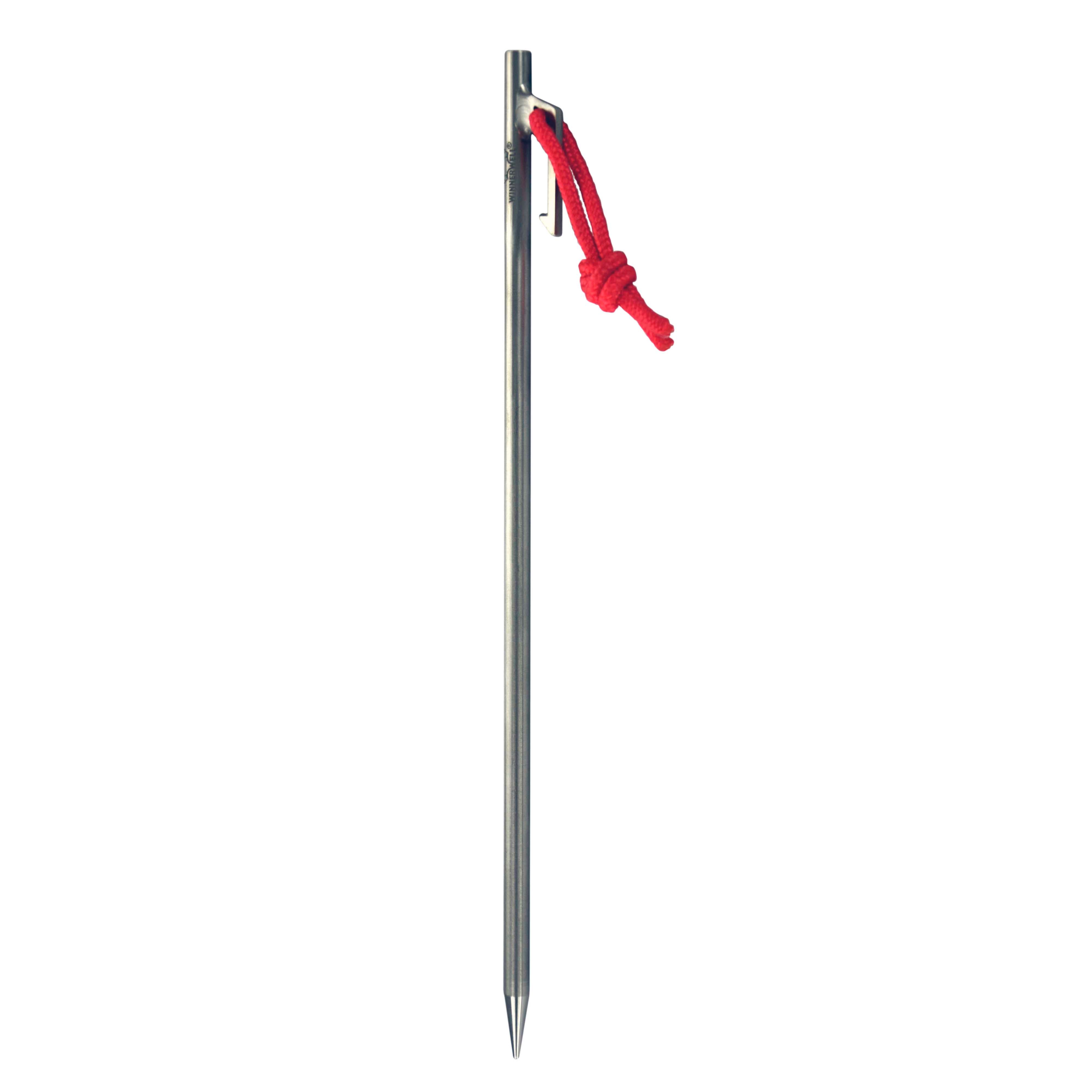 Single Winnerwell® Titanium Peg 30, showcasing its sleek, metallic titanium construction with a red attachment, designed for secure tent anchoring in outdoor settings.
