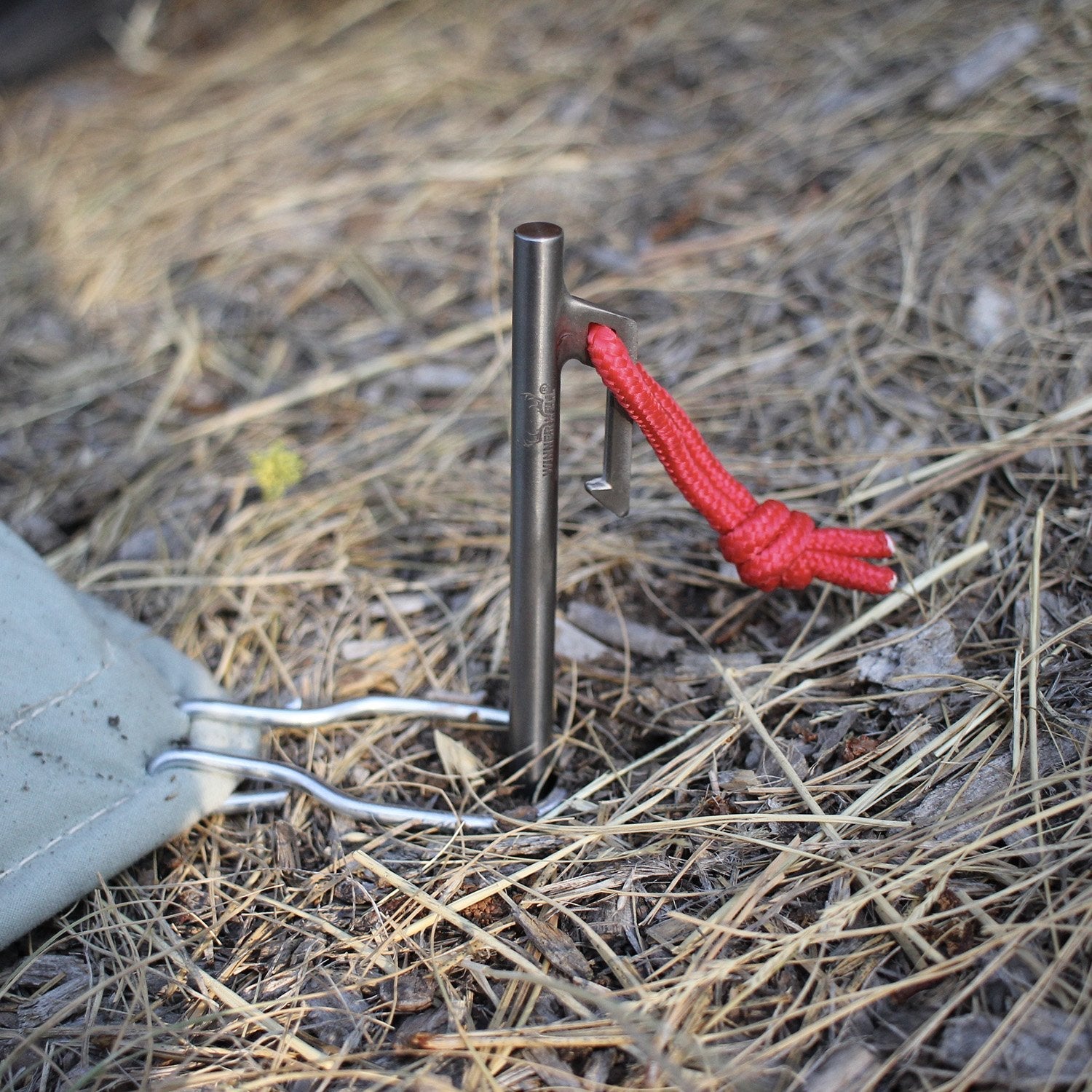 Winnerwell® Titanium Peg 30 partially driven into the ground in a natural, outdoor environment, demonstrating its practical application for tent or gear securing during camping.