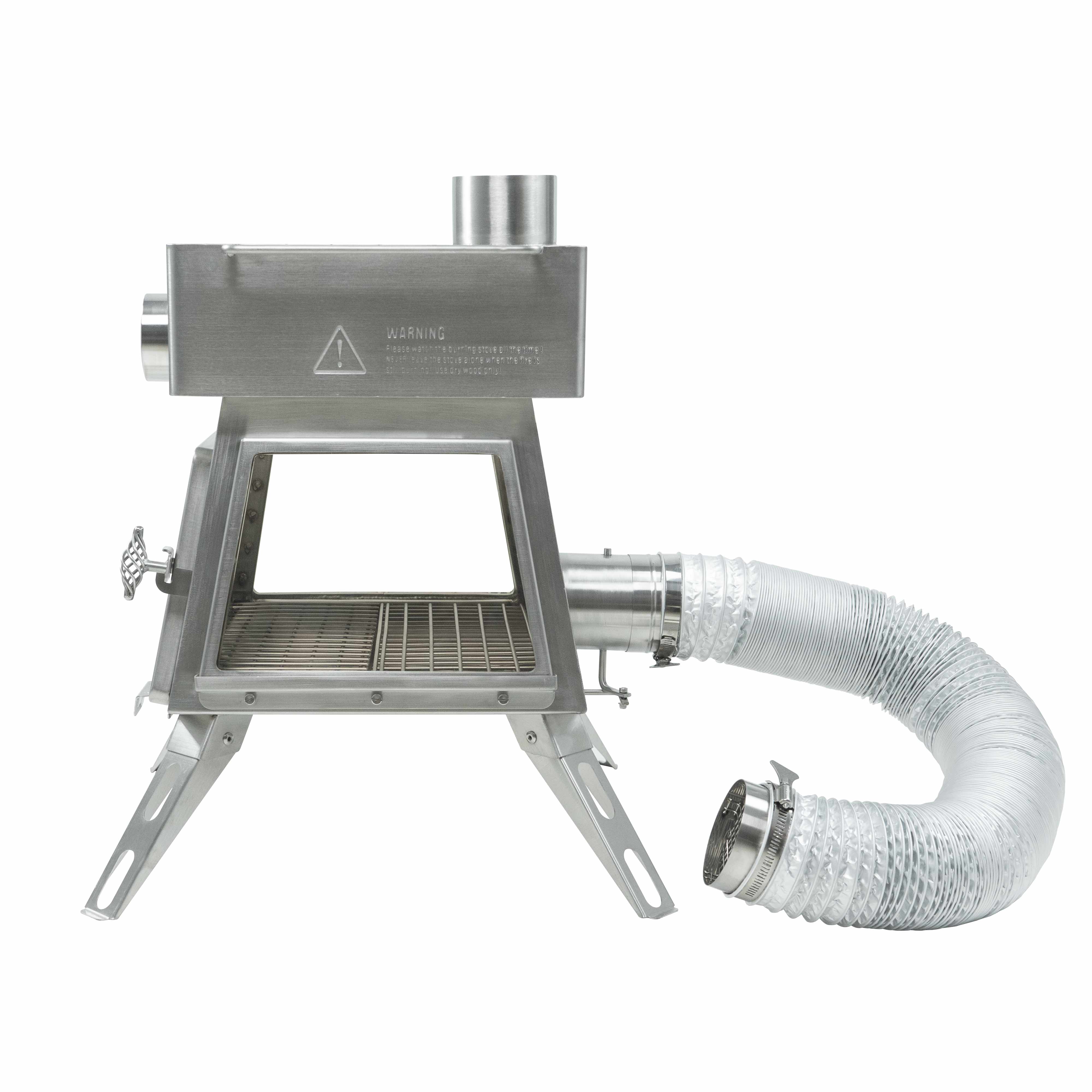 Side view of Winnerwell Marsfire tent stove showing compact design with external air intake pipe