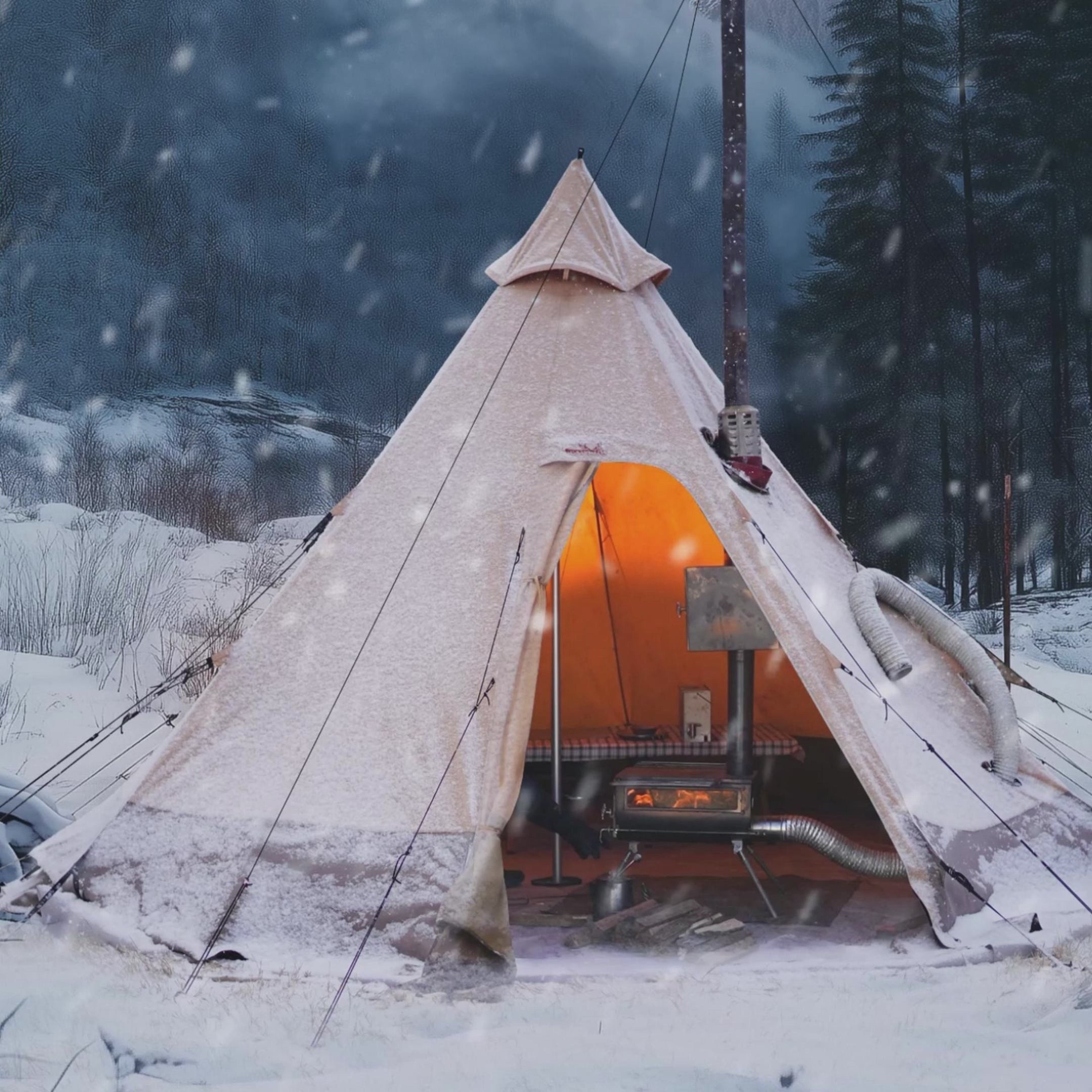 Thumbnail of a video showing a tent in a snowy forest scene, with the tent lit up inside.