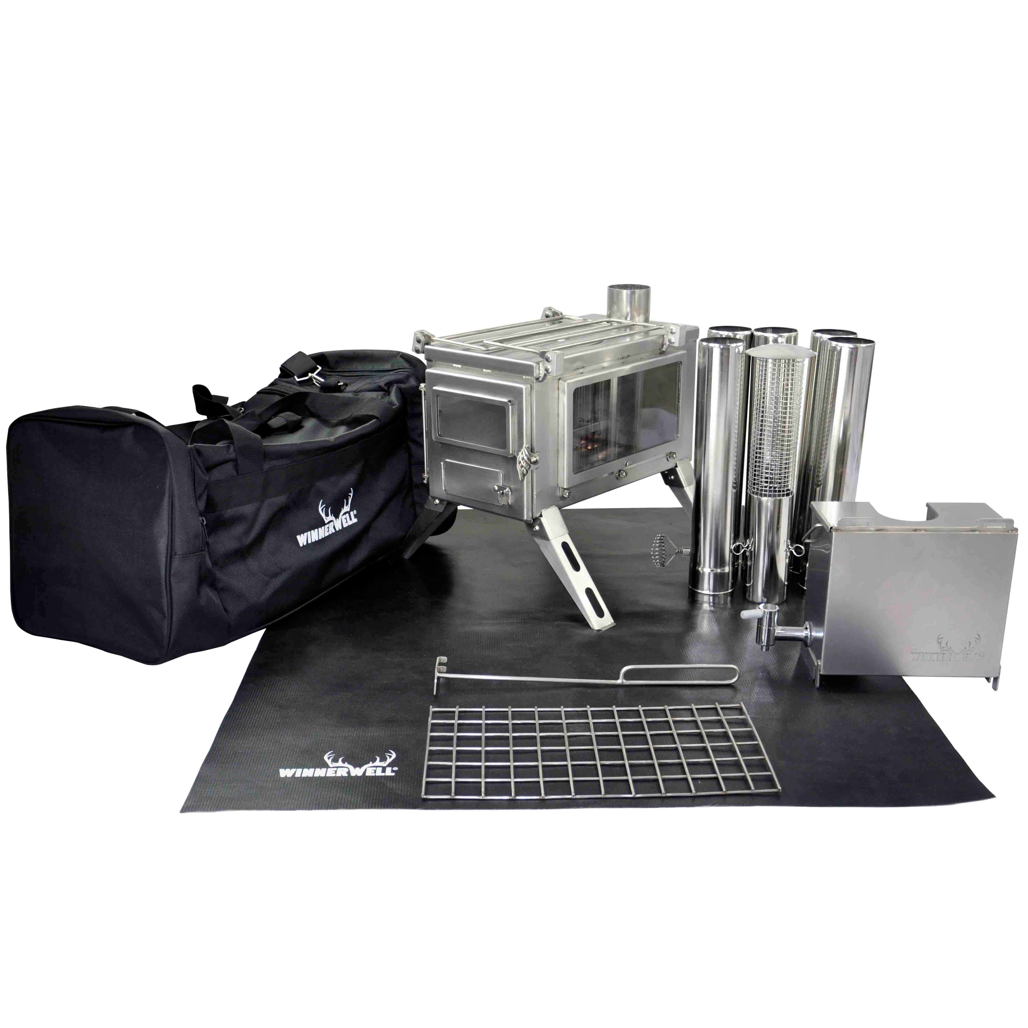 Winnerwell® Nomad View 1G Cook Camping Stove Package full kit, including stove, water tank, fireproof mat, and storage bag. Ideal for portable outdoor cooking, featuring a compact, foldable design made of durable stainless steel. Perfect for camping, backpacking, and off - grid adventures, providing a complete cooking solution.