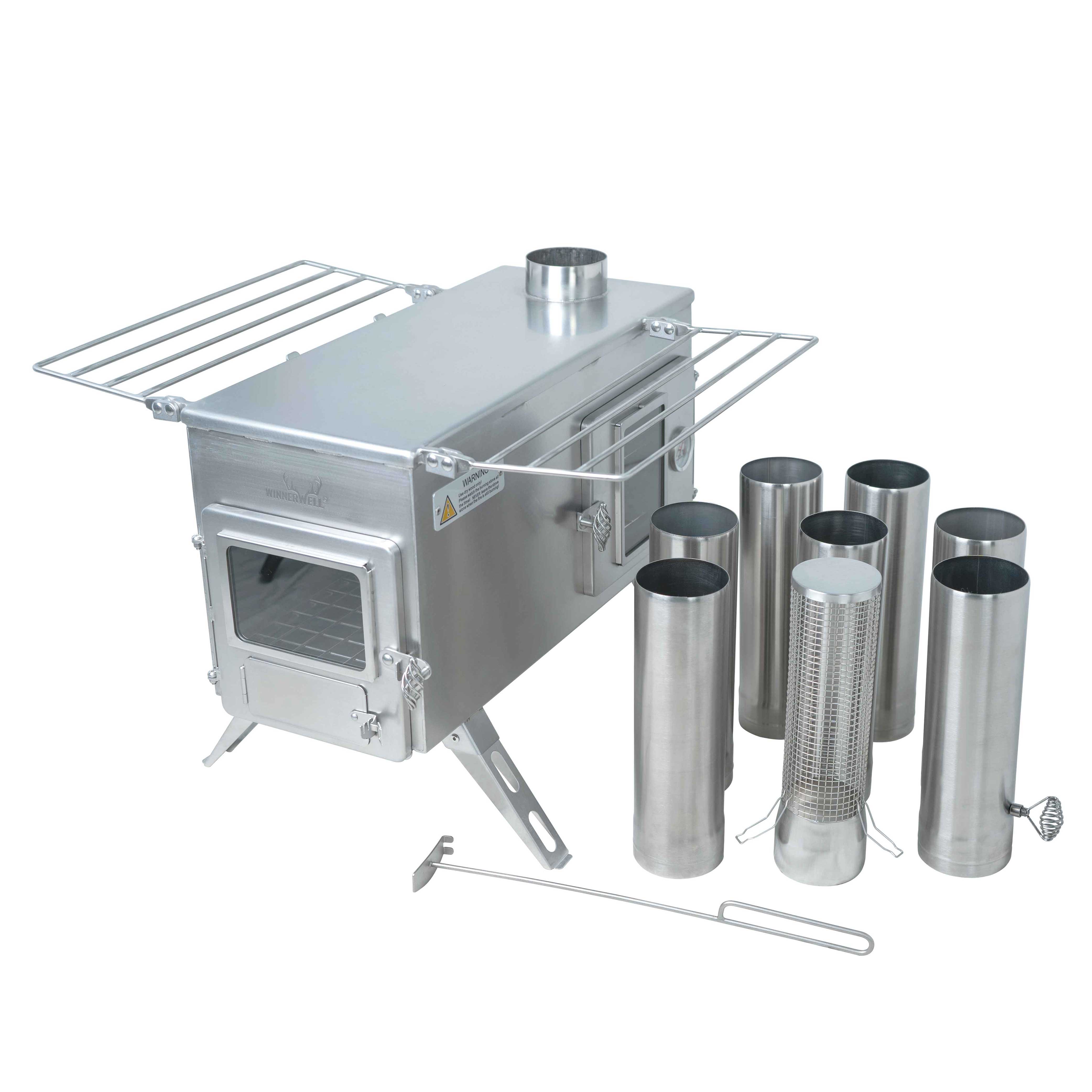 Winnerwell® Ovenstove Camping Stove full kit—includes stainless steel stove body, chimney sections, and grate. Perfect for portable outdoor cooking, combining oven and stove functionality for camping meals, heating, or baking.